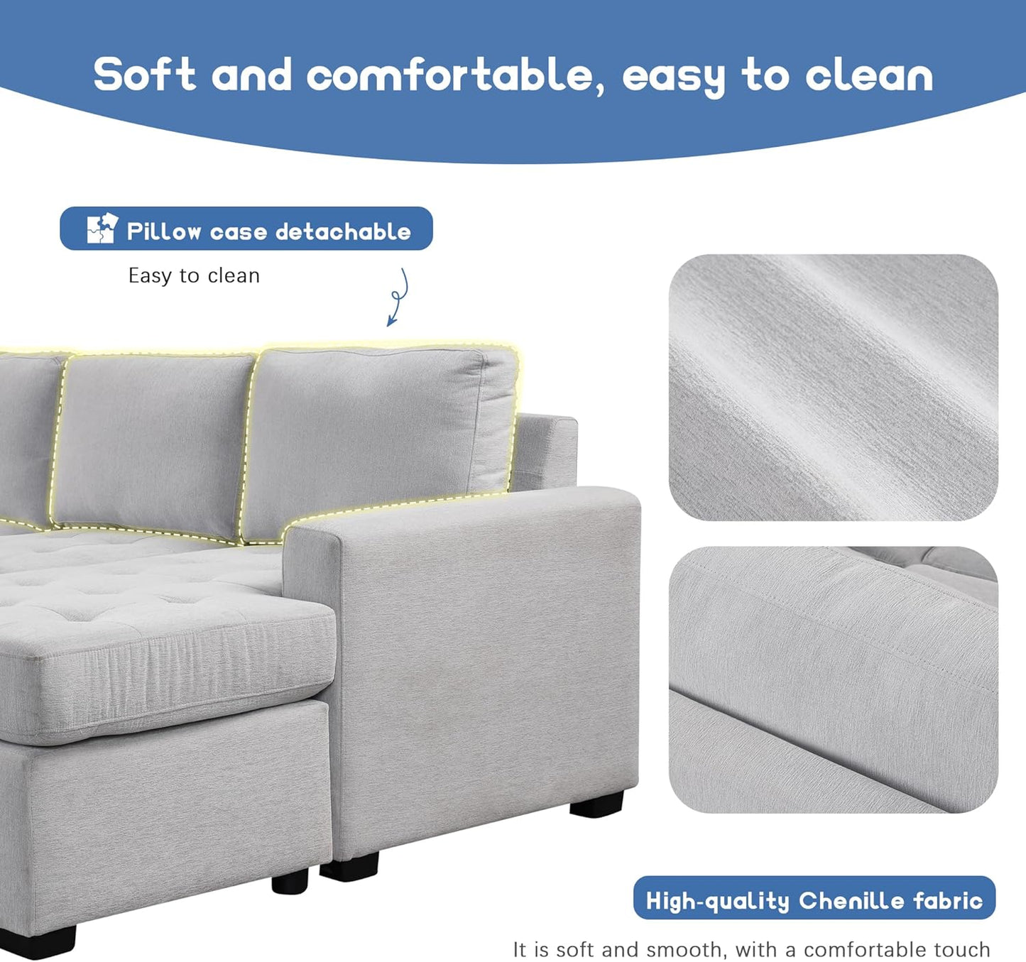 108.3 Inch Modular Sectional Sleeper Sofa with Pull-Out Bed and Lounge Chair, U-Shaped Combination Corner Couch w/USB & Type-C Interfaces, for Living Room Bedroom Office, Gray