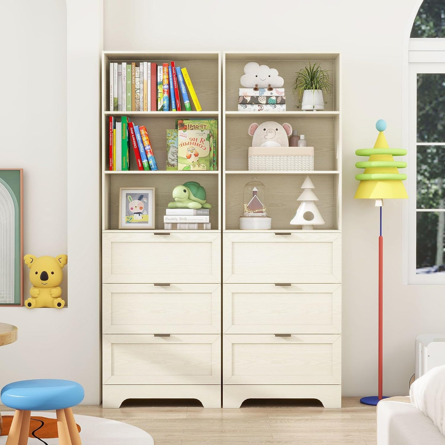 6 Tier Book Shelf with Drawers,White Farmhouse Display Bookshelf with Organizers and Storage,Free Standing Tall Bookshelf with Cabinet for Bedroom,Living Room, Office
