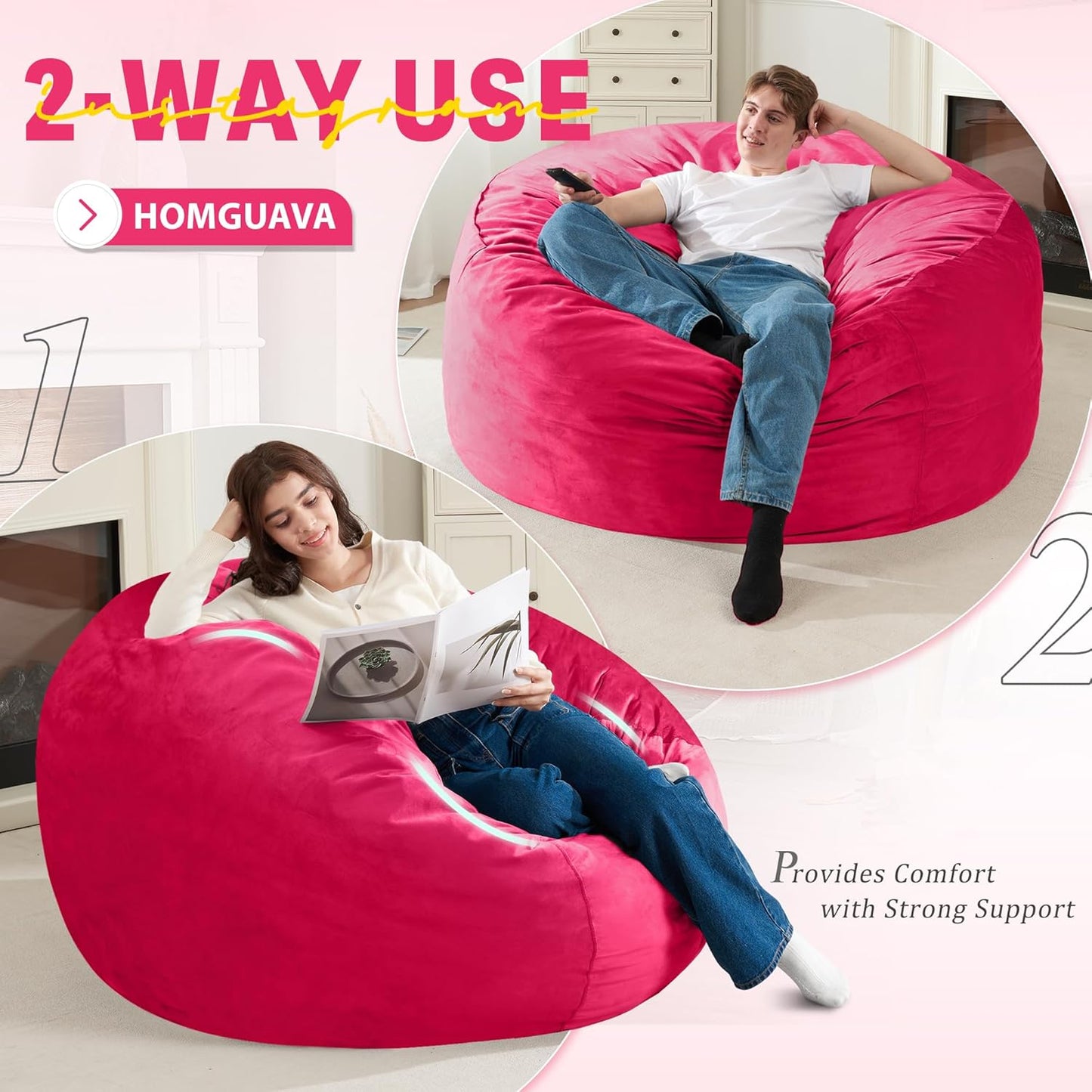 Homguava 4 FT Bean Bag Chair: 4' Bean Bags with Memory Foam Filled, Large Beanbag Chairs Soft Sofa with Dutch Velvet Cover-Pink