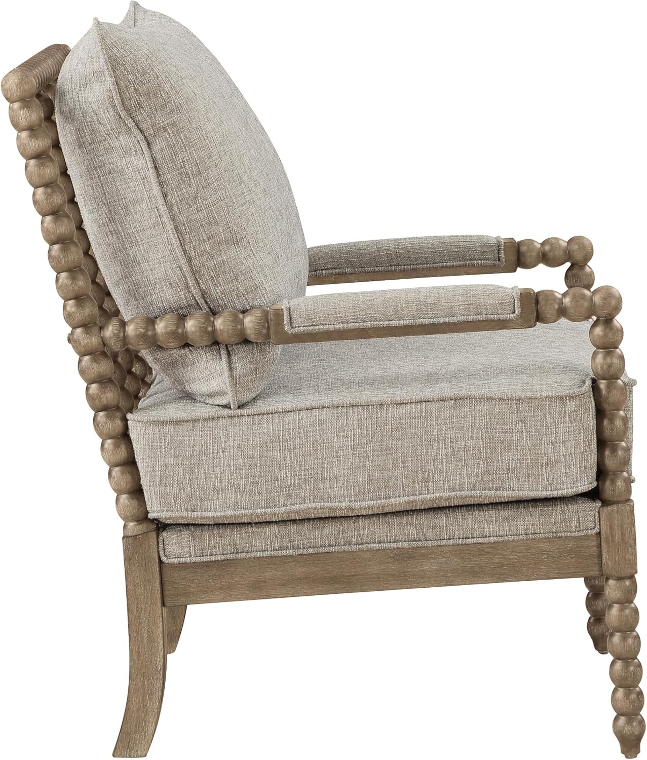 OSP Home Furnishings Fletcher Spindle Accent Chair with Rustic Brown Finish, Fog Beige Upholstery