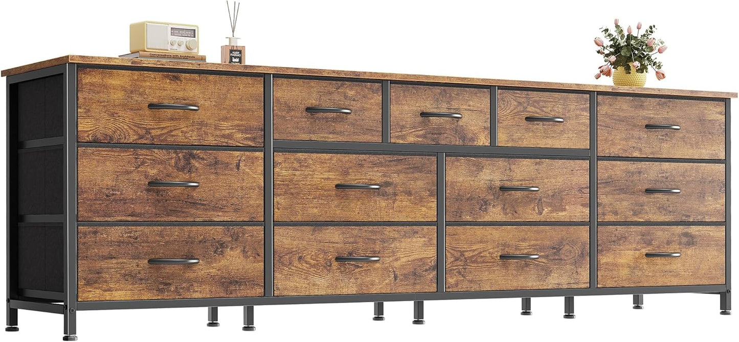 Huuger 70 Inch Dresser for Bedroom, TV Stand for 65, 75, 80 Inch TV, 13 Fabric Drawer Long Dresser, Large Entertainment Center for Bedroom, Wide Chest of Drawer with Storage, Rustic Brown