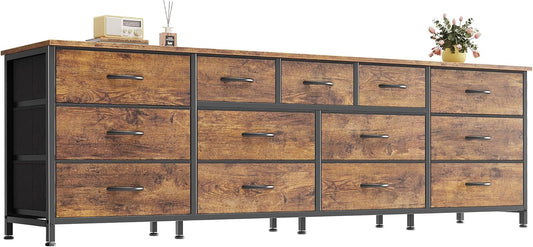 Huuger 70 Inch Dresser for Bedroom, TV Stand for 65, 75, 80 Inch TV, 13 Fabric Drawer Long Dresser, Large Entertainment Center for Bedroom, Wide Chest of Drawer with Storage, Rustic Brown