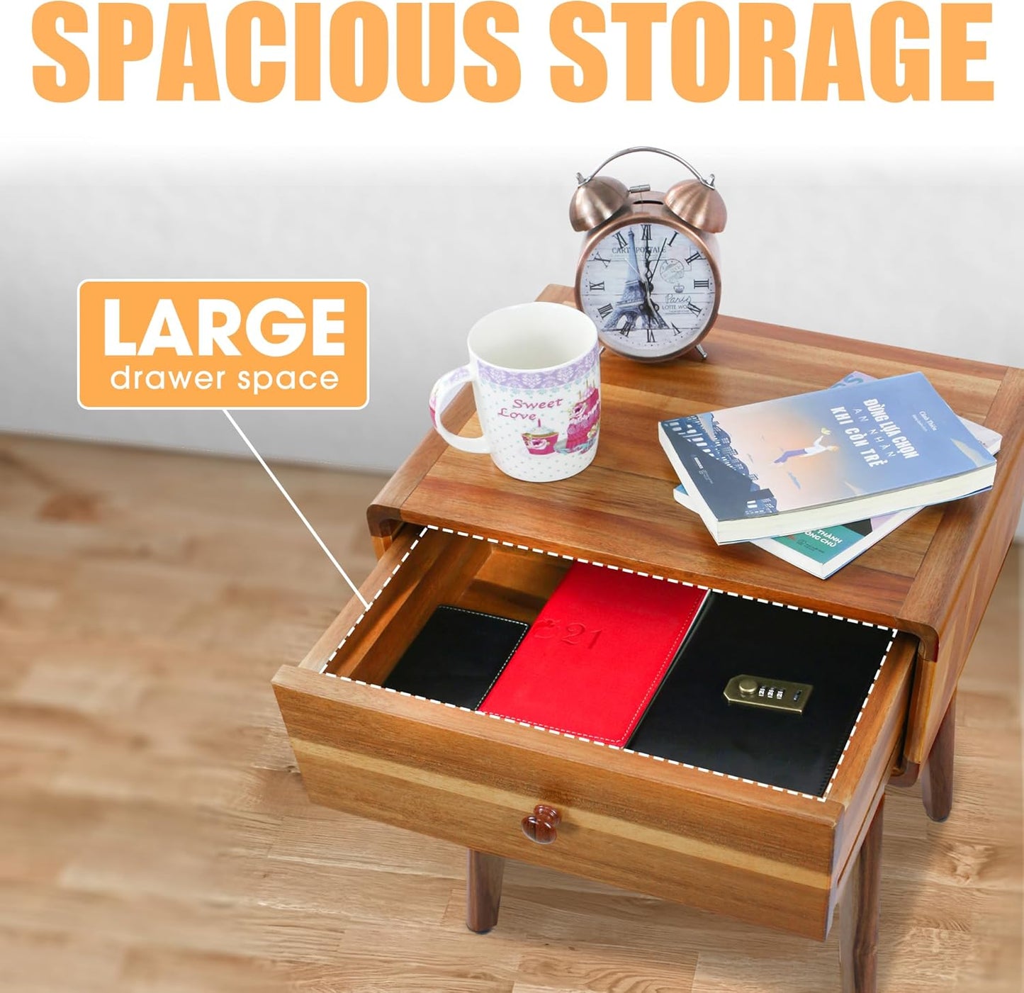 ENKEZI Small Mid Century Acacia Night Stand with Drawer Dresser, Handcrafted Small Nightstand, Space-Saving Bedroom Side Tables with Acrylic Coating, No Visible Nails