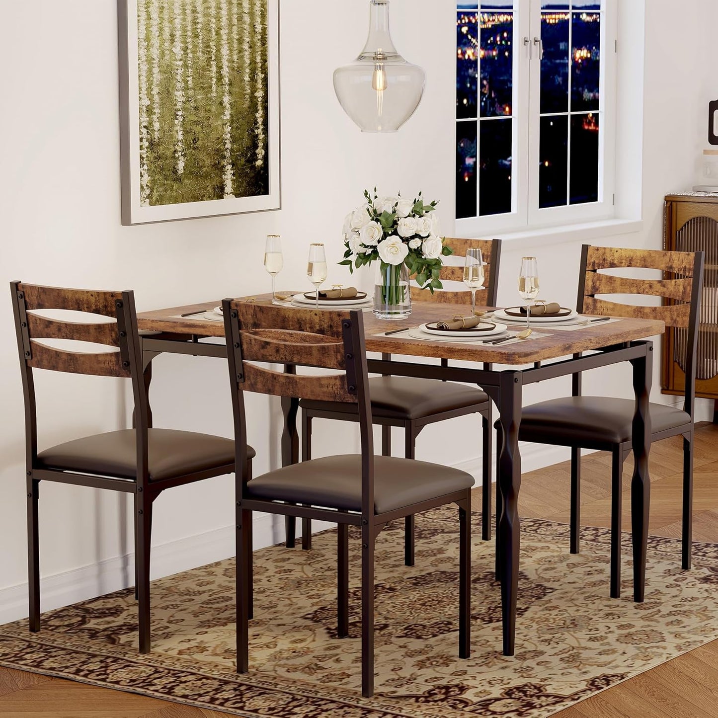 GarveeHome 5 Piece Dining Table Set, Industrial Style Dining Table and Chairs Set for 4, Kitchen Table Set for Dining Room Kitchen Apartment, Brown