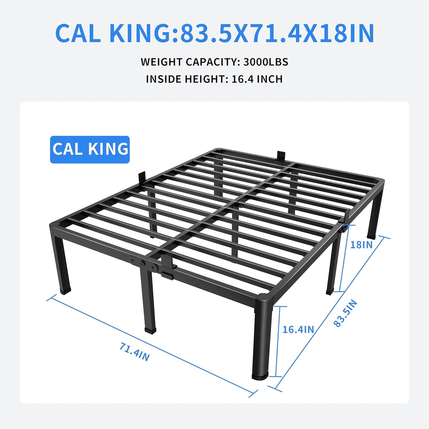MAF 18 Inch California King Bed Frame with Round Corner Legs Mattress Slide Stopper No Box Spring Needed Heavy Duty Metal Platform Bed Frames, 3000 LBS Steel Slats Support
