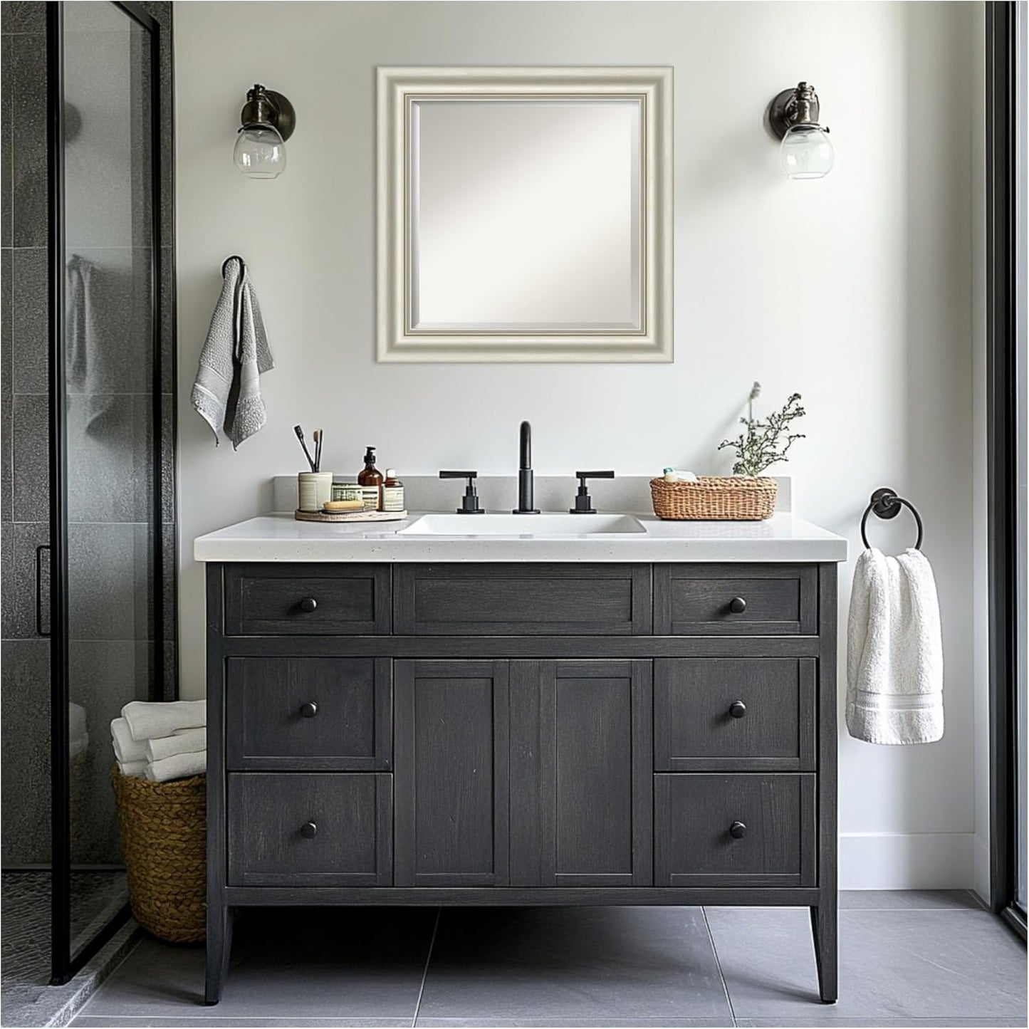 Amanti Art Bathroom Mirror for Over Sink, 26x26 Sophia Silver Square Vanity Mirror, Medium Traditional Frame, Hangs Horizonally and Vertically, Bathroom Wall Decor, Beveled Edge