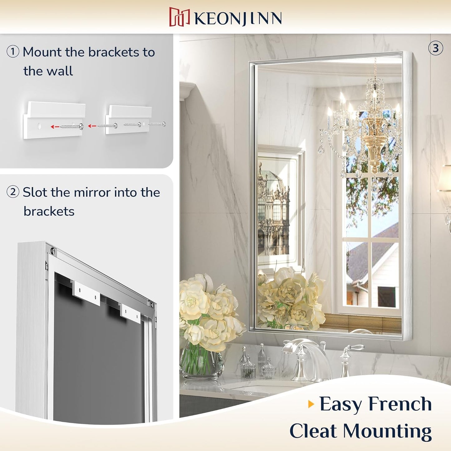 Keonjinn 48 x 36 Inch Silver Bathroom Mirror for Over Sink Large Rectangle Wall Mirror Brushed Metal Framed Square Corner Vanity Mirror Wall Mounted Rectangular Farmhouse Mirror(Horizontal/Vertical)