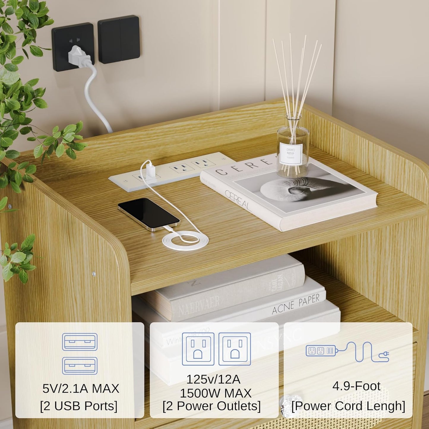 End Table with Charging Station, Nightstand with Diamond Handle and Rattan-Style Drawer, Bedside Table, Light Oak