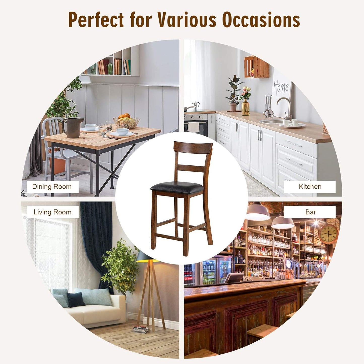 COSTWAY Bar Stools Set of 2, 25.5-Inch Counter Height Chair with Backrest, Foam-Padded Cushion, Rubber Wood Legs, Wooden Vintage Dining Chair for Bistro, Living Room, Kitchen, Brown and Black