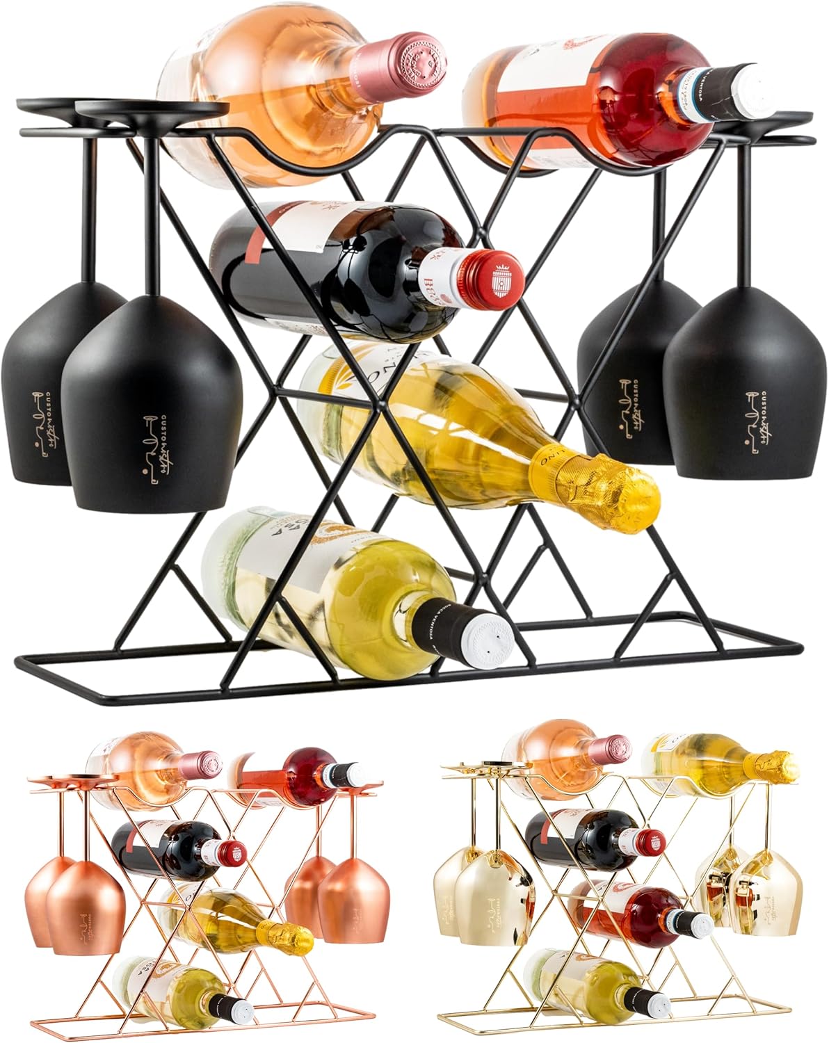 Gusto Nostro Small Wine Racks Countertop Storage for 8 Bottles & 4 Glasses - Countertop Wine Rack with Glass Holder, Modern Tabletop Black Wine Rack, Wine Holder Stand for Kitchen Cabinet Wine Cellar