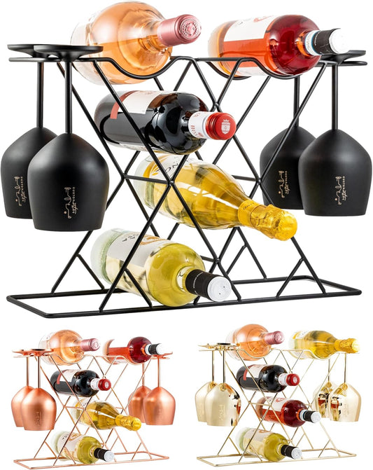 Gusto Nostro Small Wine Racks Countertop Storage for 8 Bottles & 4 Glasses - Countertop Wine Rack with Glass Holder, Modern Tabletop Black Wine Rack, Wine Holder Stand for Kitchen Cabinet Wine Cellar
