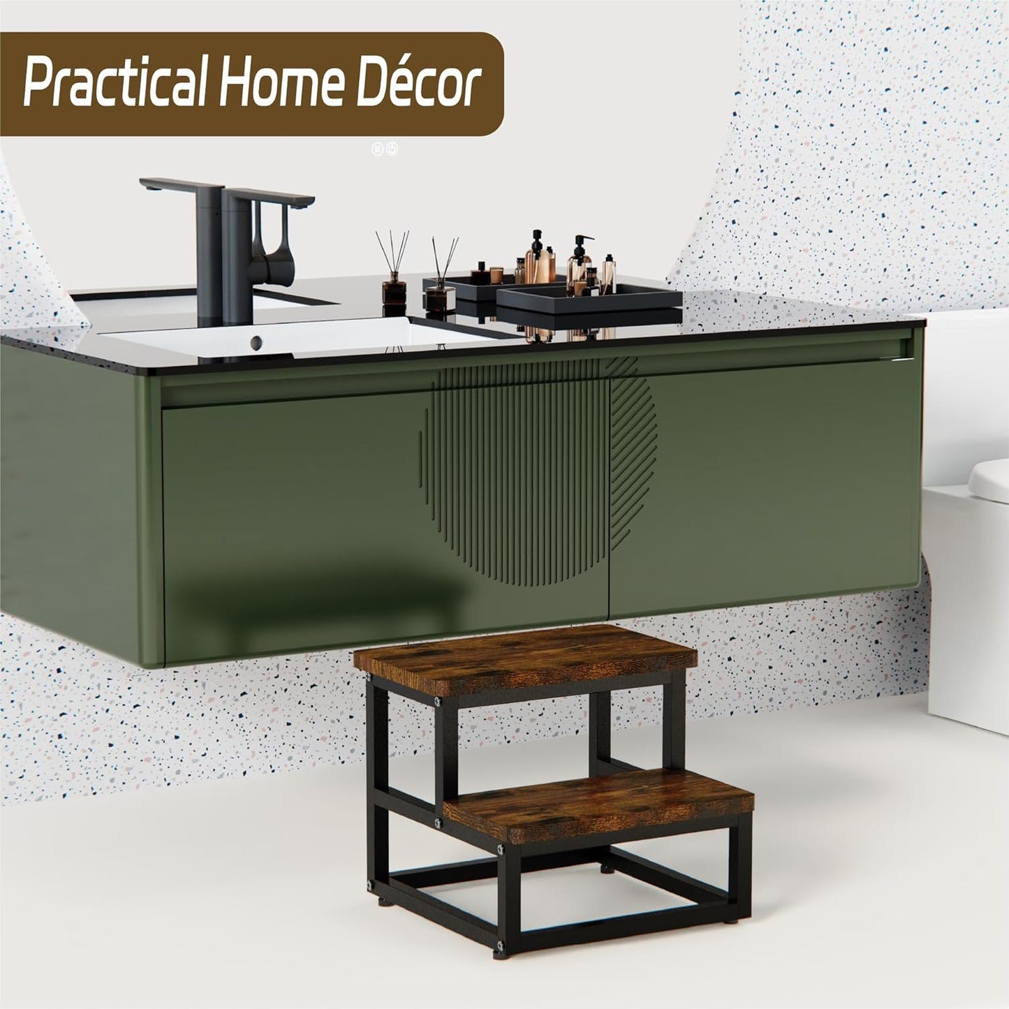 Step Stool, Multi Purpose Step Stools for Kids Adults, Round Corner Bed Step Stools for High Beds, Dog Steps Portable Stepping Stool for Bedroom Kitchen, Load 500 LB, Rustic