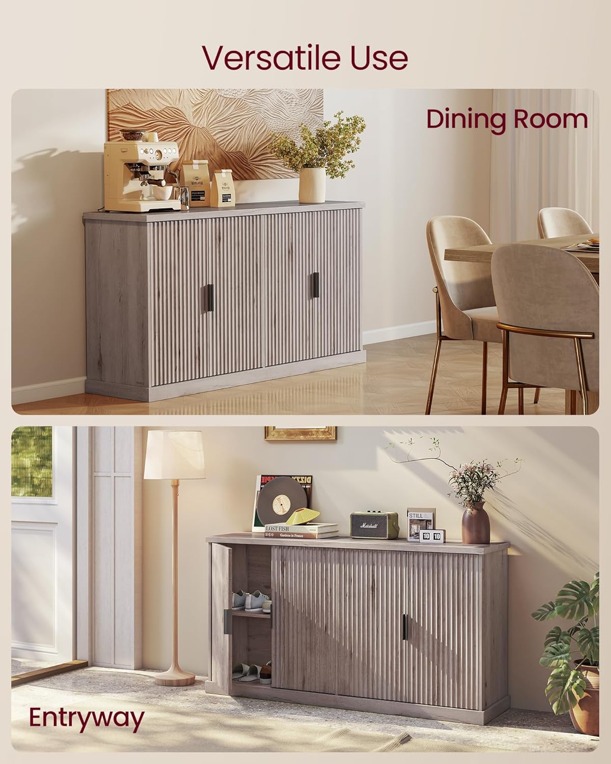 VASAGLE MAXE Collection - Buffet Cabinet, Console Cabinet, Sideboard with Adjustable Shelves, Fluted Doors, Transitional, Kitchen Pantry, Washed Gray UBBK382G01S