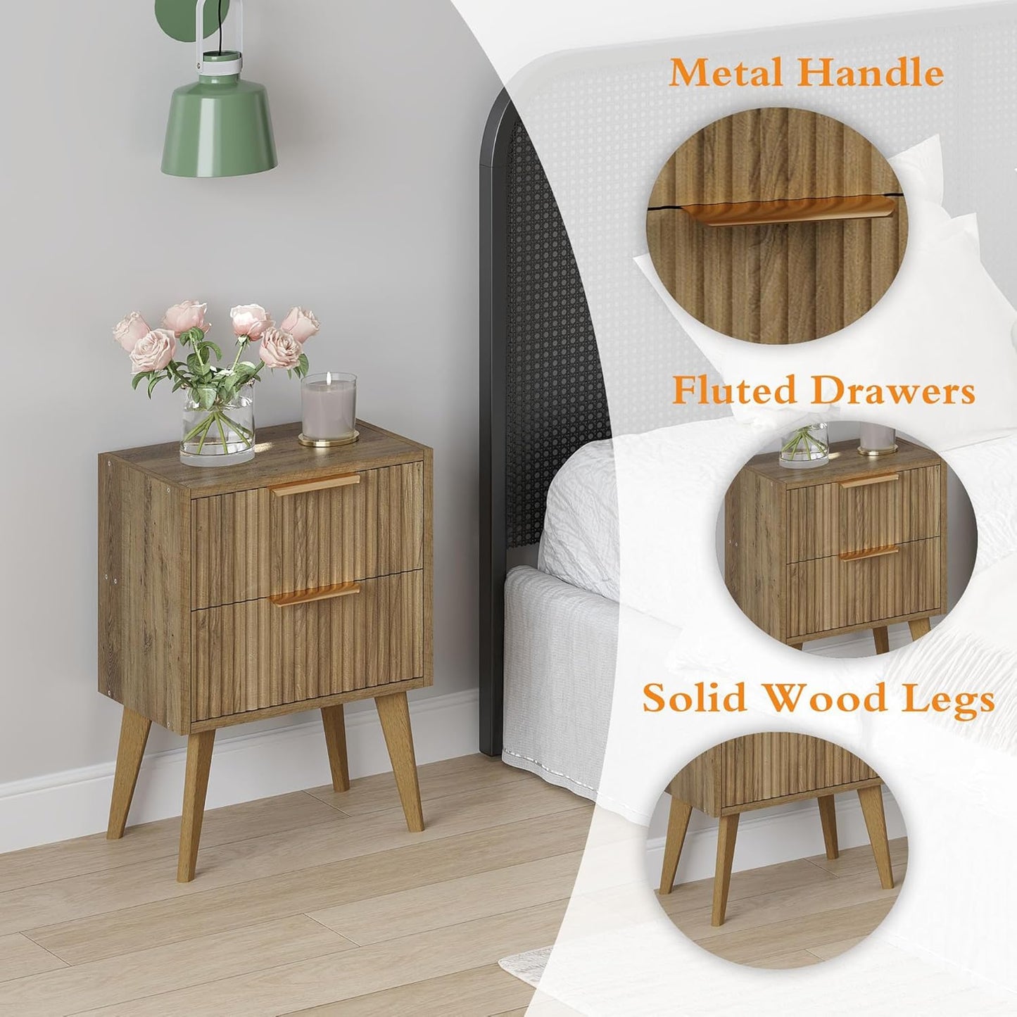 Fluted Nightstand with 2 Drawers,Modern Bedside Table with Metal Handles,White Side Table with Solid Wood Legs,Mid Century End Table for Living Room,Bedroom,Caramel Oak CTG55BR