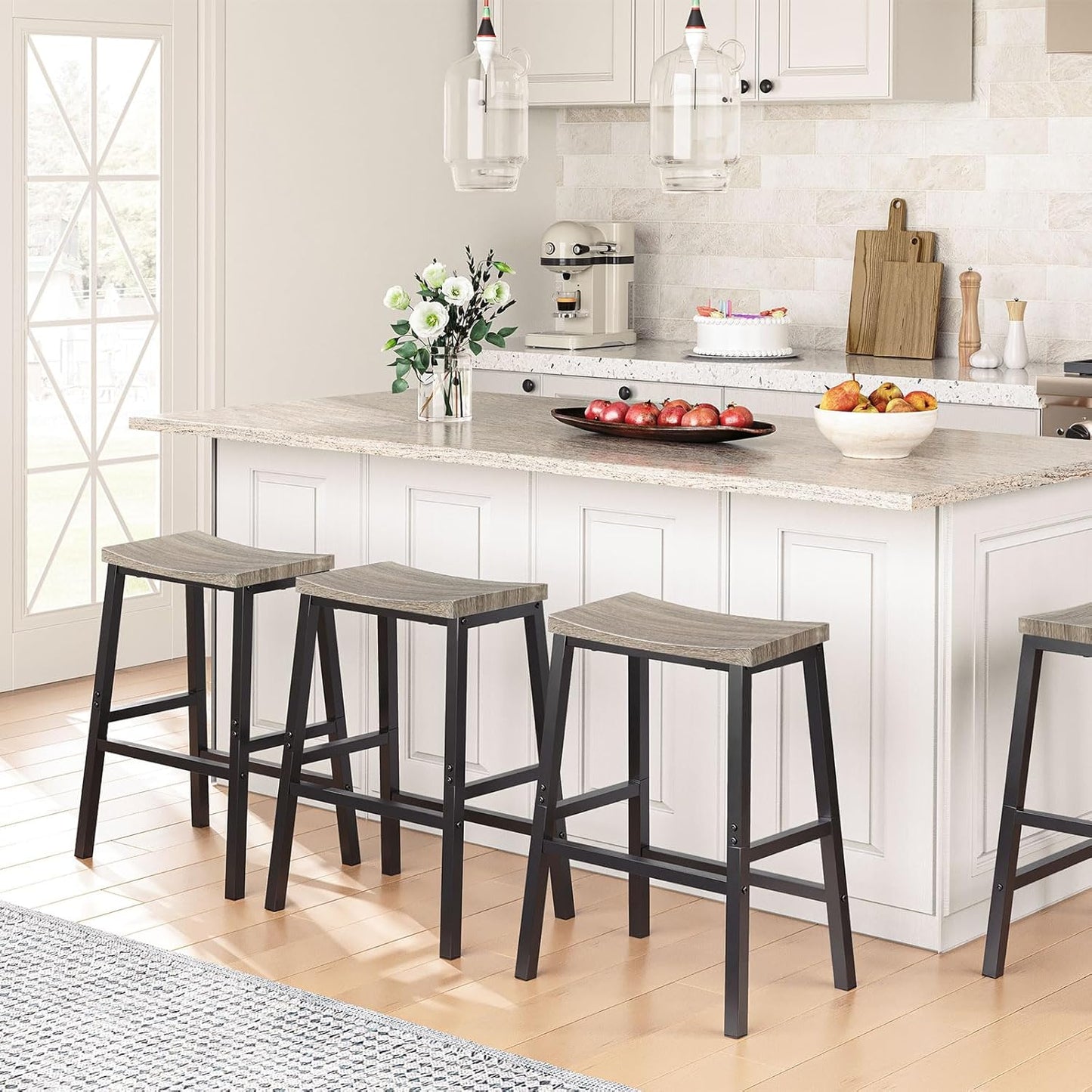 HOOBRO Bar Stools, Set of 2 Chairs, 23.6 Inch Saddle Kitchen Counter Stools With Footrests, Industrial for Dining Room, Kitchen, Counter, Bar, Greige and Black BG02MD01