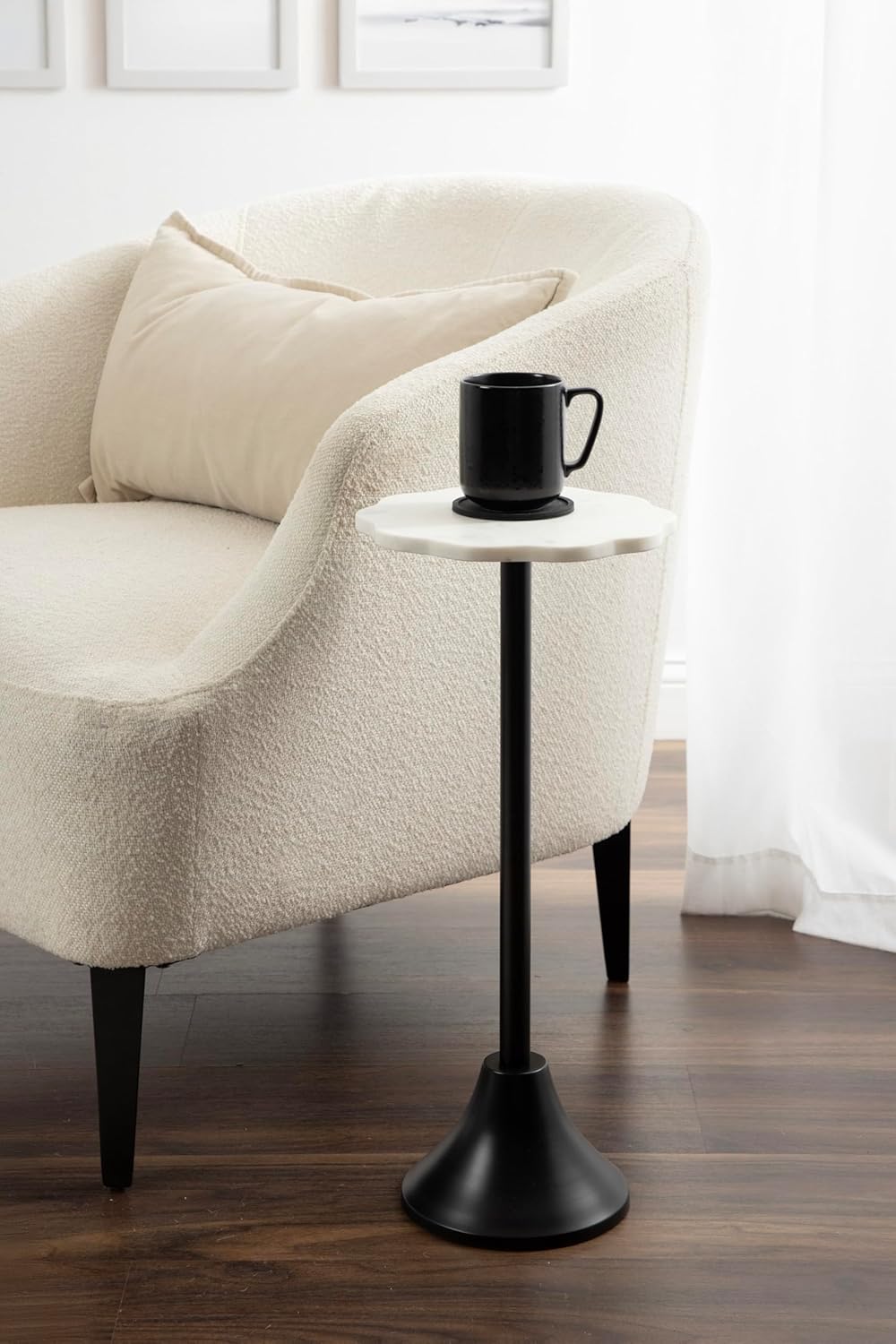 Kate and Laurel Sanzo Modern Pedestal Drink Table, 10 x 10 x 23, White Marble and Black, Decorative End Table with Scalloped Marble Tabletop for Use as Small Plant Stand or Cute Martini Table