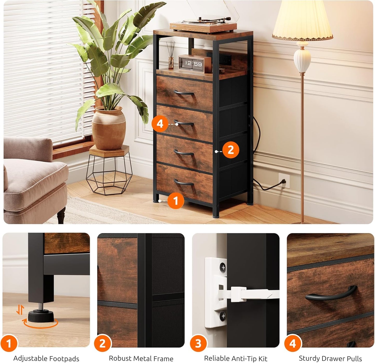 NightStand Bedside Charging Table Bedroom - Night Stand with Charger Station, Modern Nightstand with Open Shelf & 4 Fabric Drawers, Bed Side Table with USB-C USB Ports & AC Outlets for Dorm