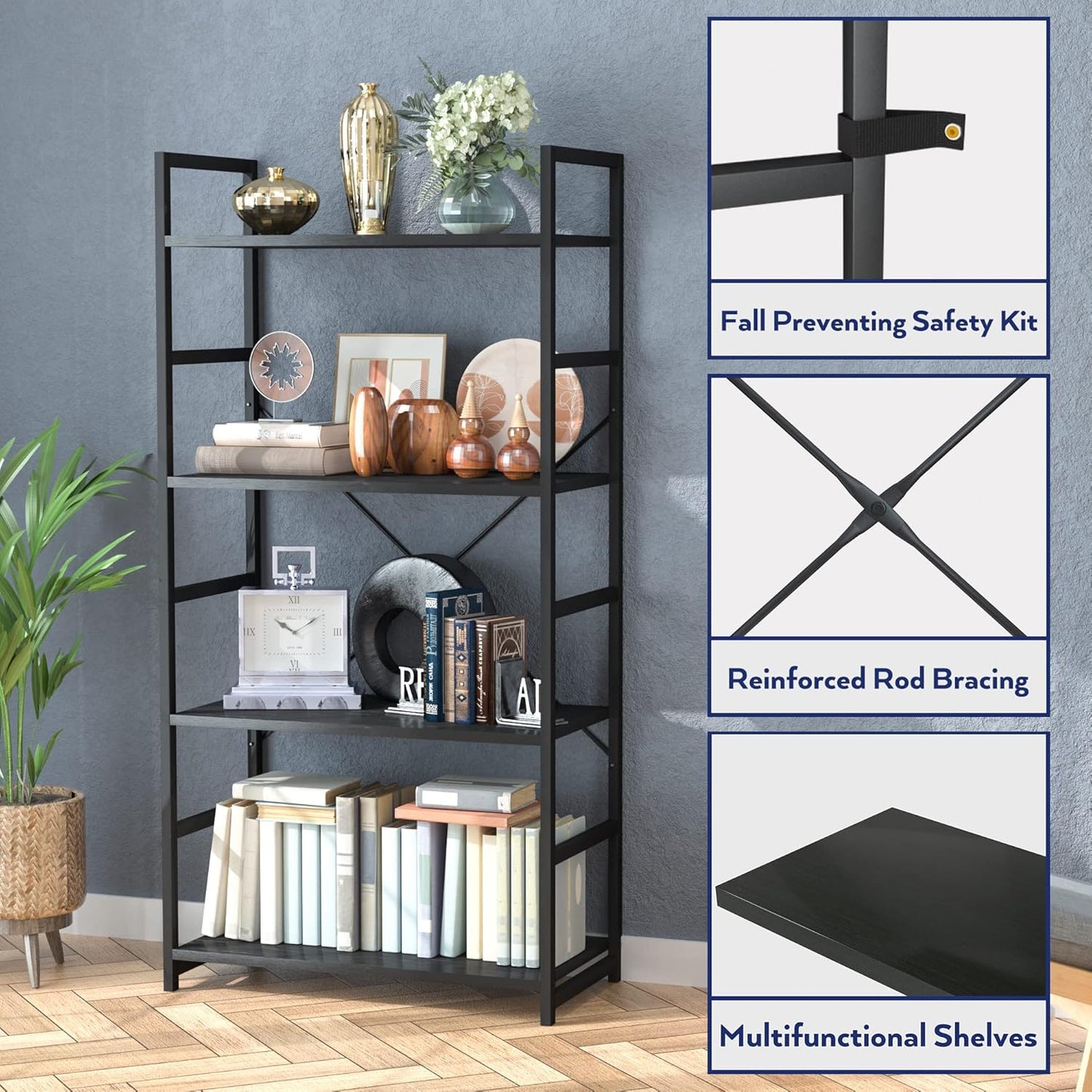 NUMENN 4 Tier Bookshelf, Tall Bookcase Shelf Storage Organizer, Modern Book Shelf for Bedroom, Living Room and Home Office, Black