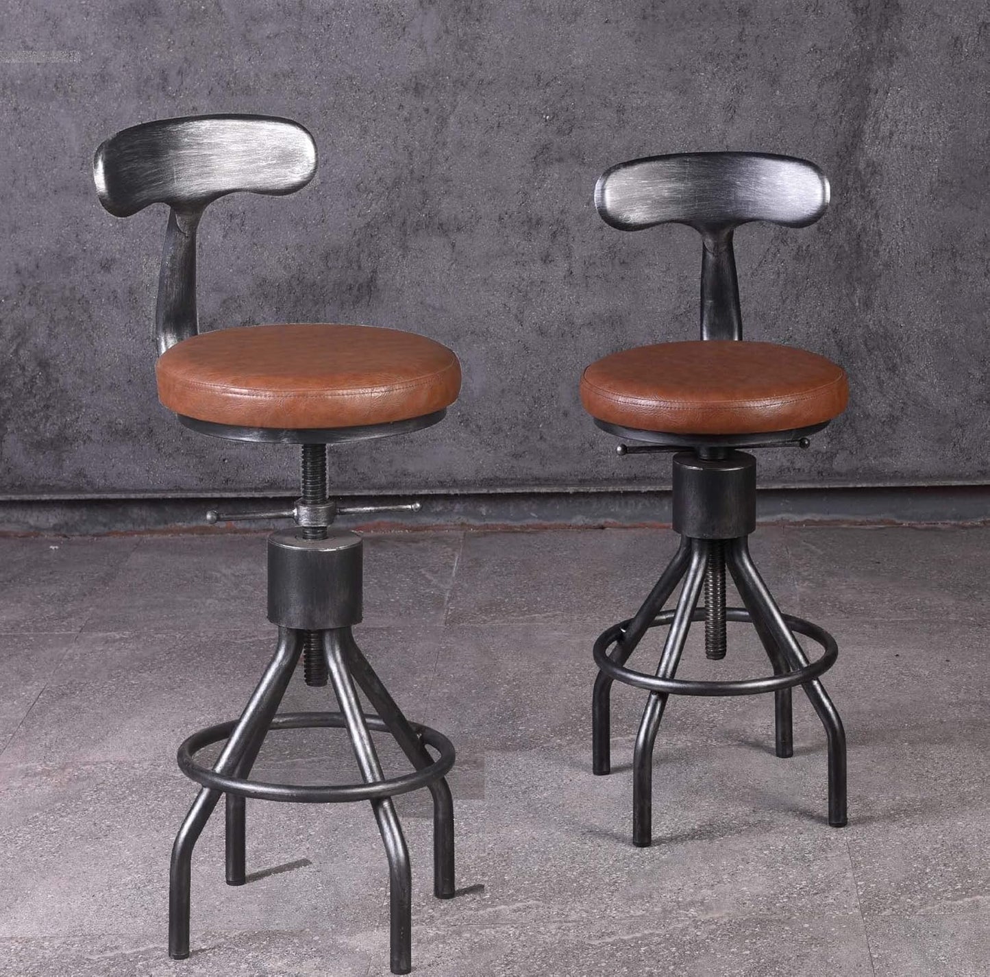 Diwhy Industrial Vintage Bar Stool, Kitchen Counter Height Adjustable Pipe Chair, Cast Iron Stool, Swivel Bar Stool with Backrest, Silver, Fully Welded Set of 2 Brown Upholstered
