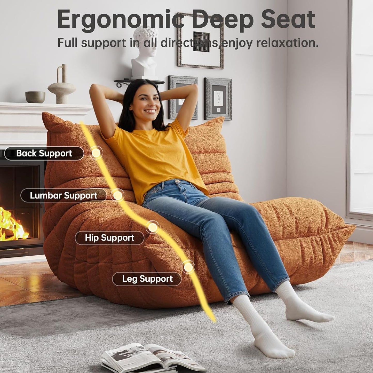 Bean Bag Chairs for Adults, BeanBag Reading Chair Memory Foam Couch, Floor Chair Soft Teddy Material, Comfy Reading Nook Chairs for Bedroom Living Room Office (Orange)