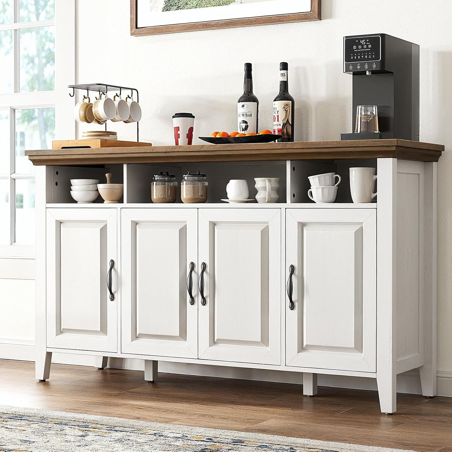 Marsail Sideboard Buffet Cabinet with Storage, 55" Farmhouse Kitchen Buffet Bar Table 4 Door Storage Cabinets for Dining Room Furniture, Brown & White