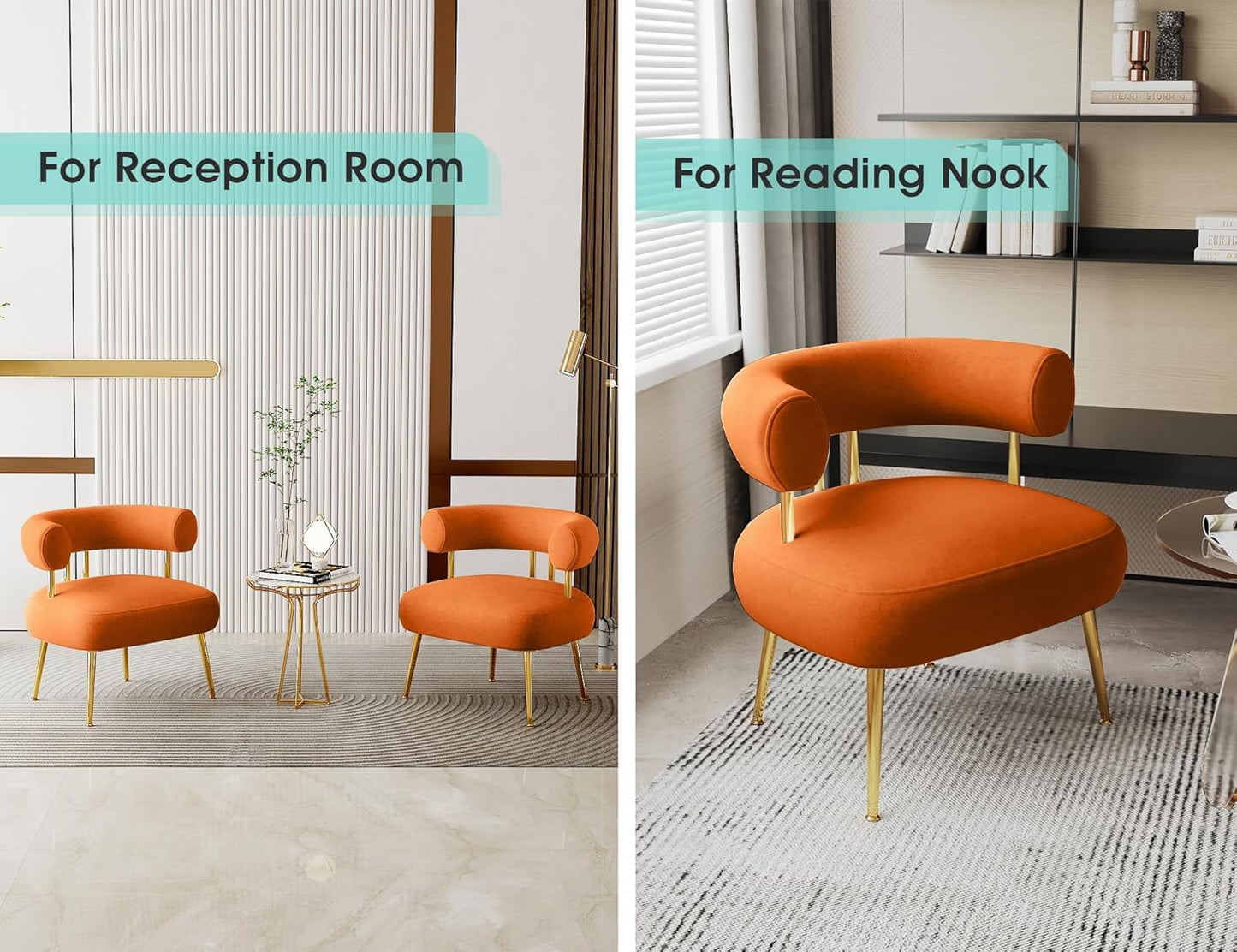 Modern Velvet Accent Chair, Round Upholstered Barrel Armchair for Small Spaces, Fluffy Side Corner Sofa Chair for Living Room, Bedroom, Vanity, Office, Reading Nook(Orange)