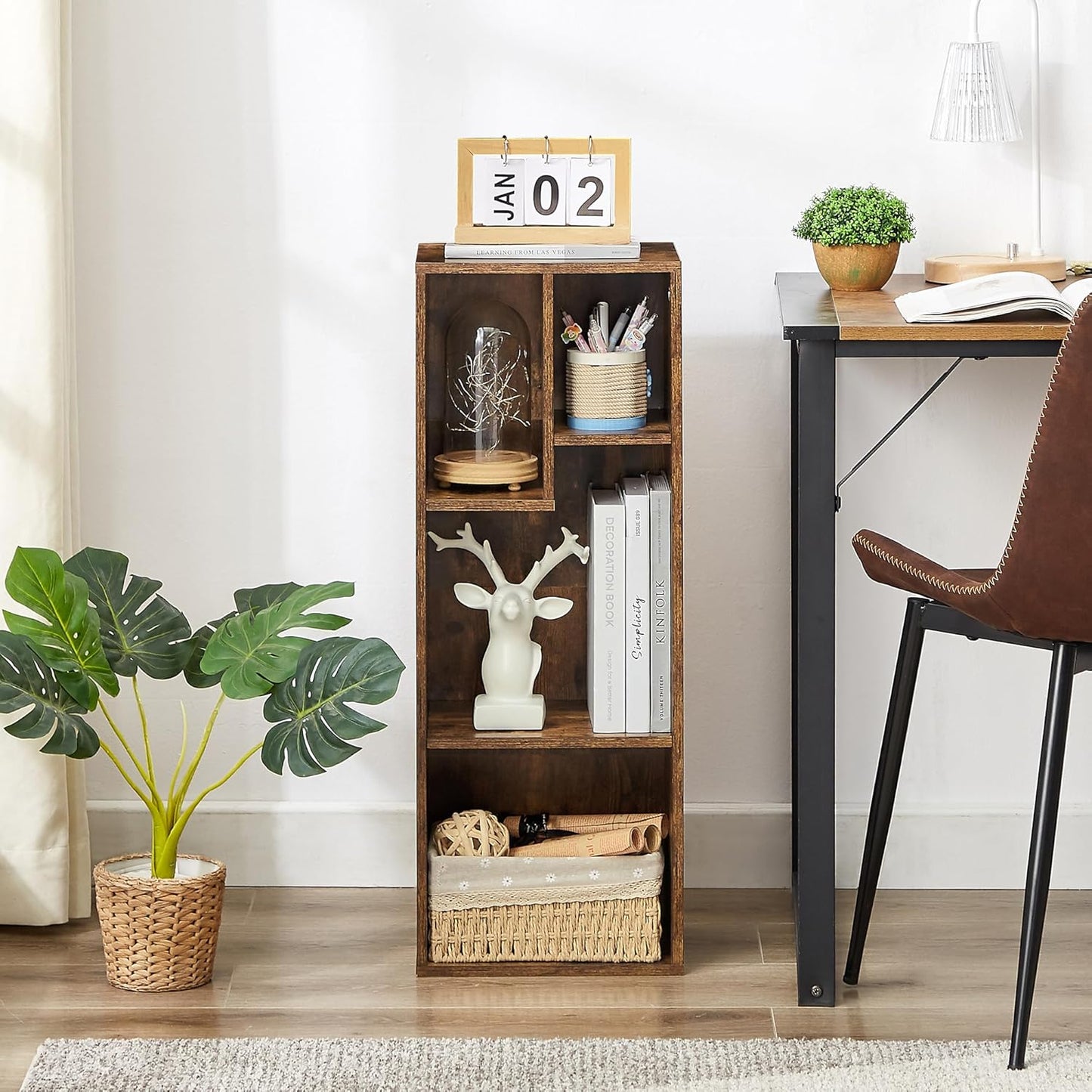 VECELO Small Bookshelf, 4 Cube Slim Bookcase, Fits Tallest Hardcovers, Horizontal Available, Modern Floor Standing Unit, Each Shelf Hold Up to 66 LBS, Vintage Brown