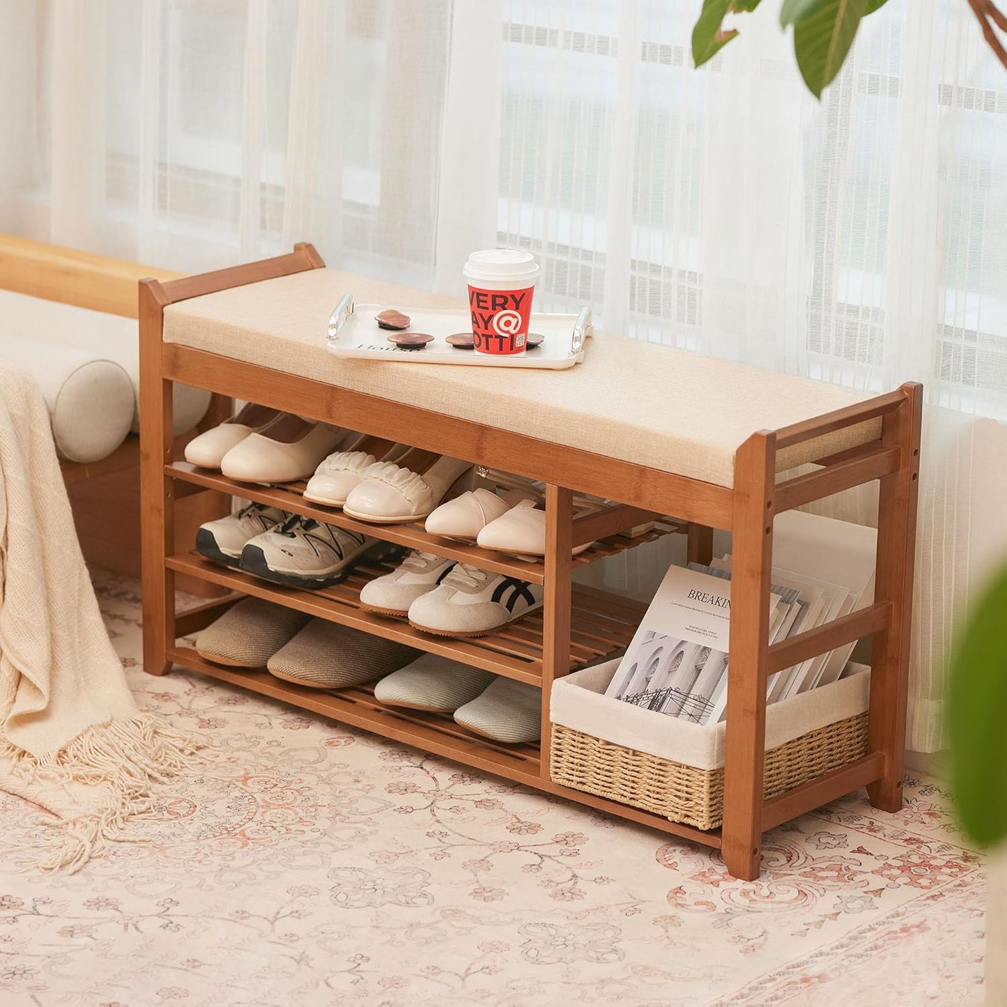 Hall Tree with Bench and Shoe Storage, Coat Rack Shoe Bench Set with Seat Cushion and 6 Hooks for Entryway, Hallway, Living Room and Bedroom