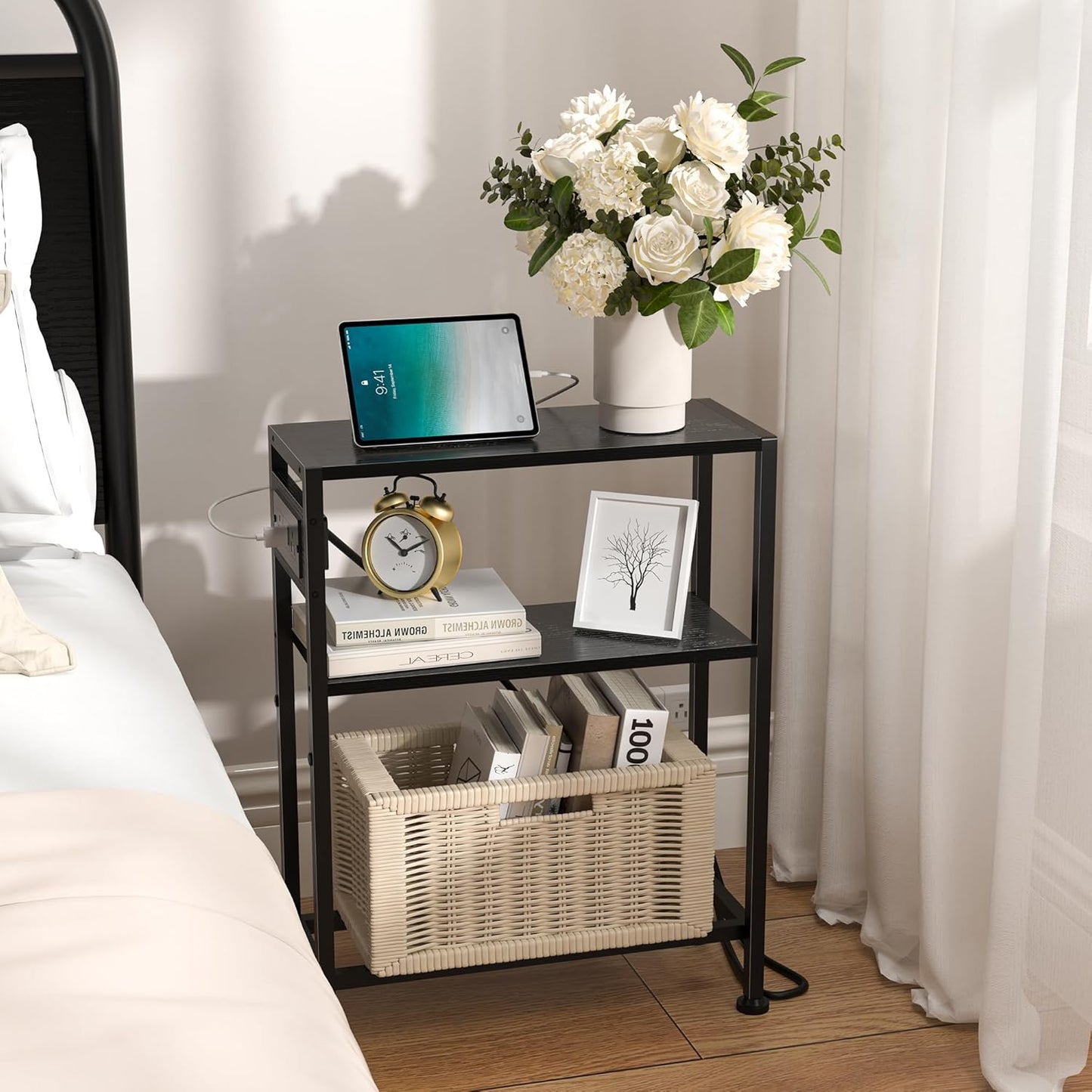 Small Narrow Side Table with Charging Station, Skinny End Table for Small Spaces, Slim Nightstand with Outlets, Sofa Bedside Table in Living Room, Bedroom, Study, Kitchen and Balcony(Black)