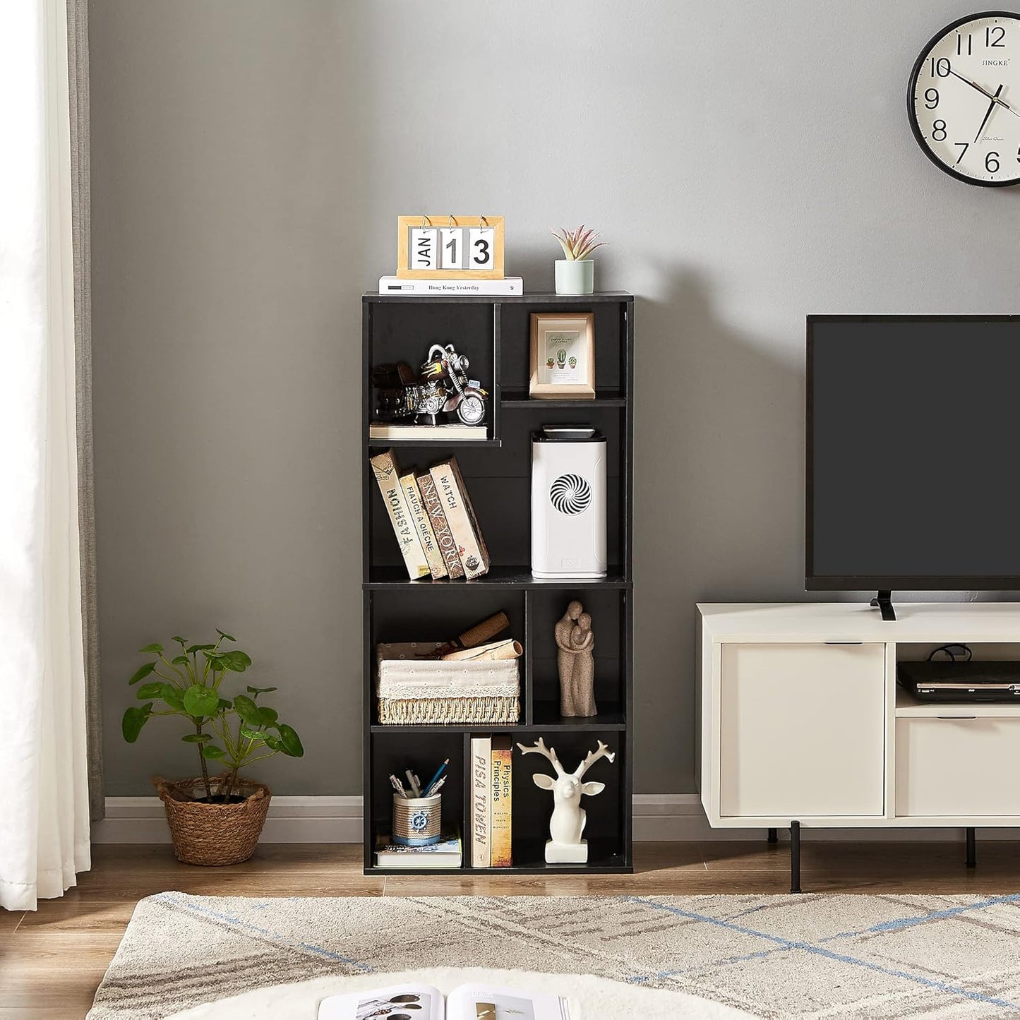 VECELO 42" Modern Bookshelf,7 Cube Organizer Bookcase,Fits Tallest Hardcovers, Horizontal Available,Floor Standing Display,Easy Assembly, Matte Black