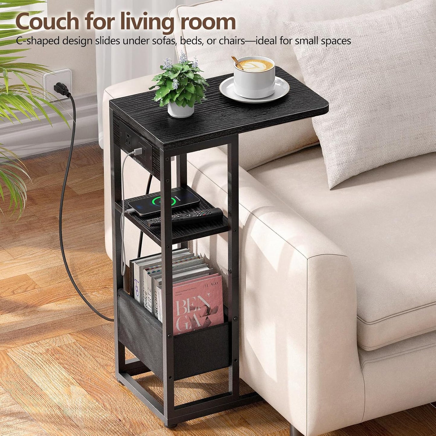 C Shaped End Table with Charging Station, Small Side Table for Couch Recliner, Slide Under Sofa Desk Snack Tables with Storage Bag & AC / USB Outlet, Small Spaces Drink Tables for Living Room, Bedroom