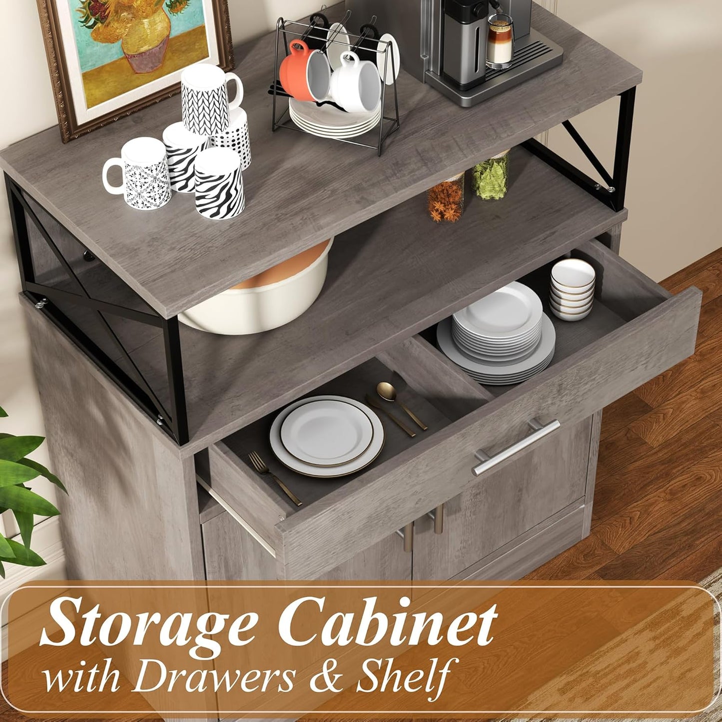 Shintenchi Kitchen Buffet Cabinet with Adjustable Shelf, Modern Kitchen Storage Cabinet,Farmhouse Coffee Bar Cabinet（Ash Grey）