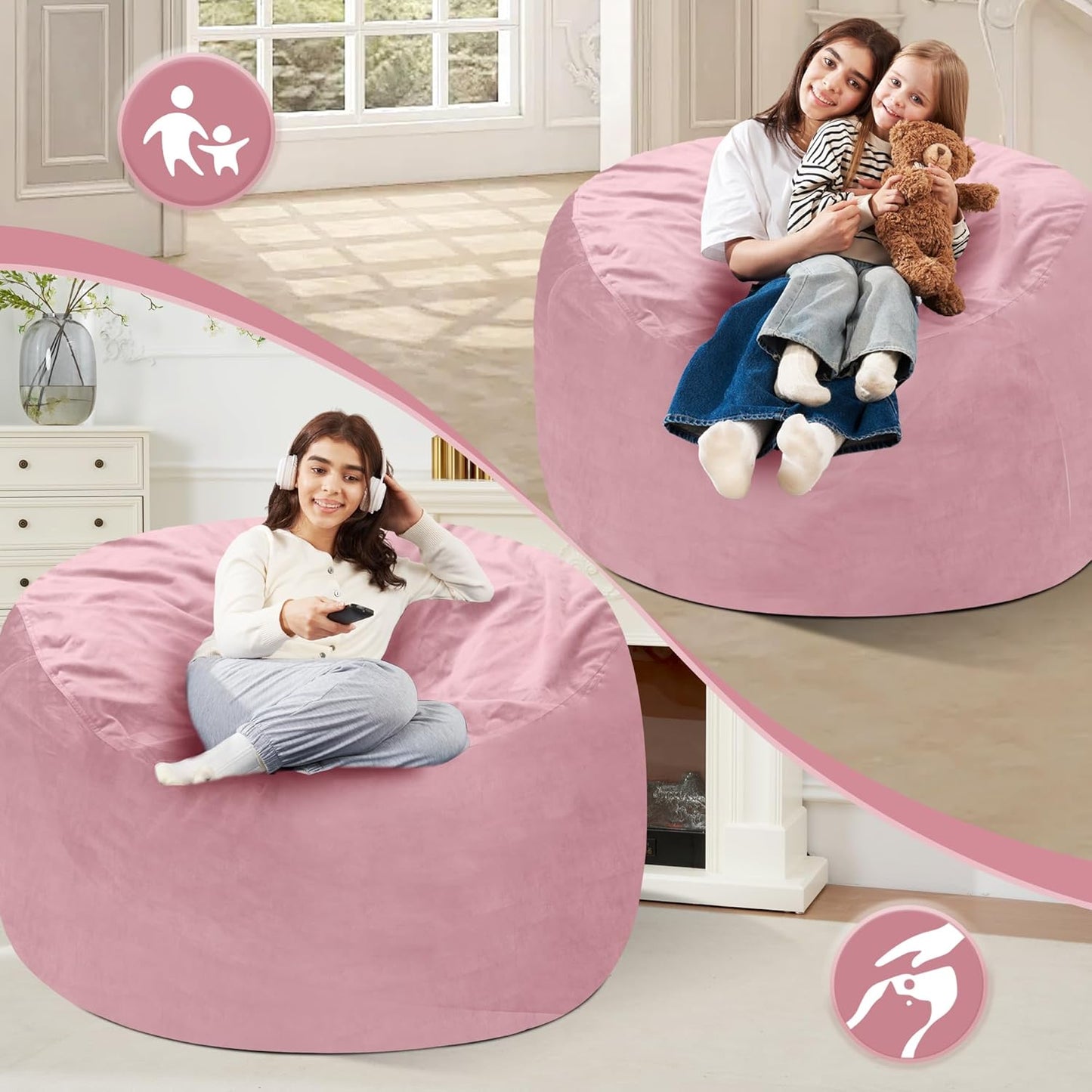 Homguava 4 FT Bean Bag Chair: 4' Bean Bags with Memory Foam Filled, Large Beanbag Chairs Soft Sofa with Dutch Velvet Cover-Light Pink