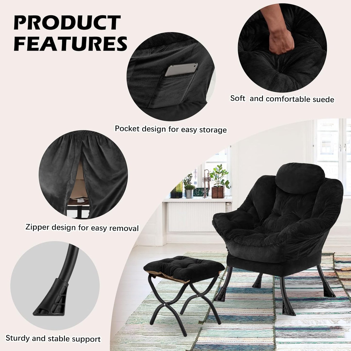 Lazy Chair with Folding Ottoman,Leisure Sofa Chair,Soft Fabric Armchair with Armrests and Side Pockets, Reading Chair with Footrest for Living Room, Bedroom, Office (Plush Black)
