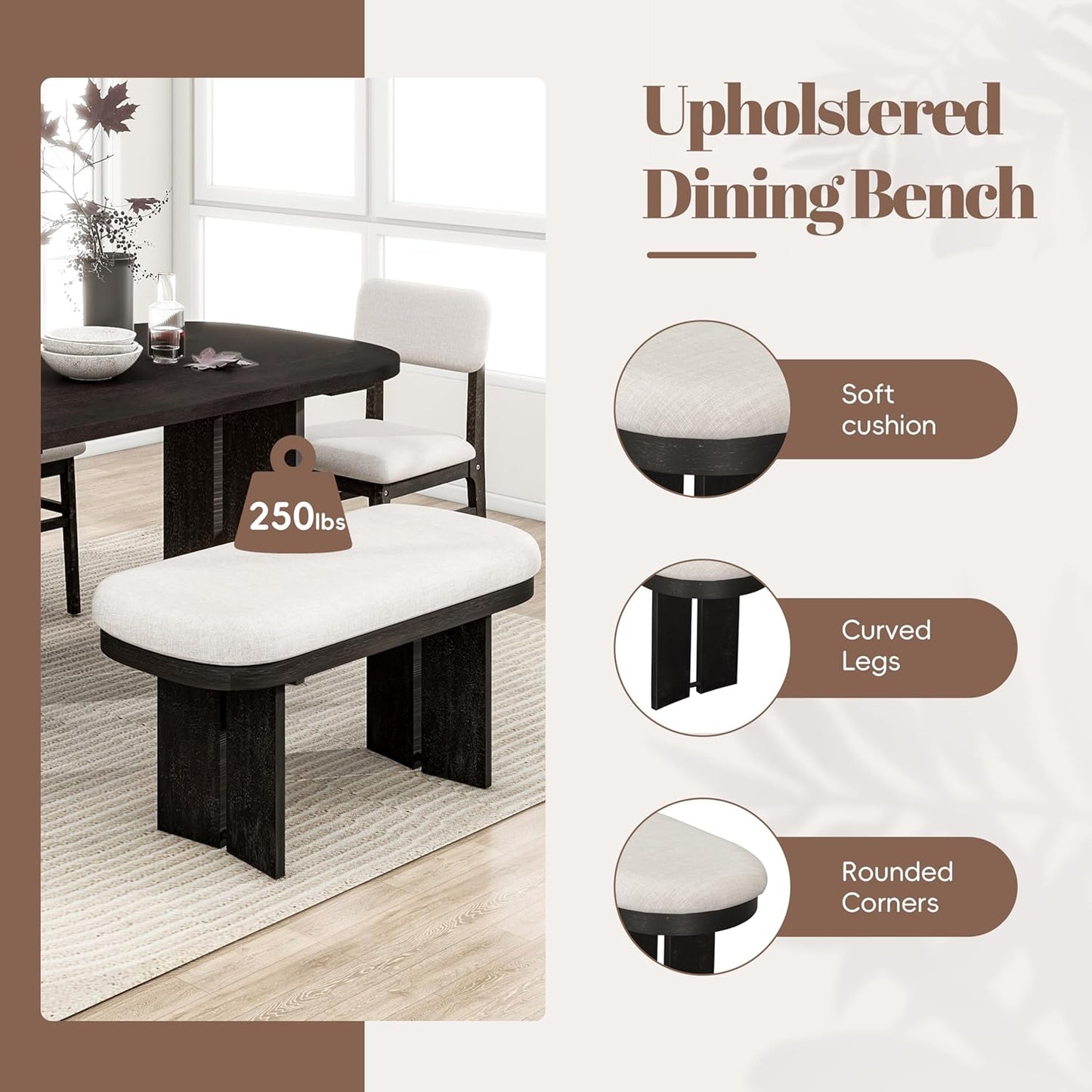 Ball & Cast Wood Dining Table Set with Bench,6-Piece Upholstered Rectangular Set w/ 4 Upholstered Chairs,Curved Profiles Kitchen Furniture Suitable Big Family Gatherings,Espresso