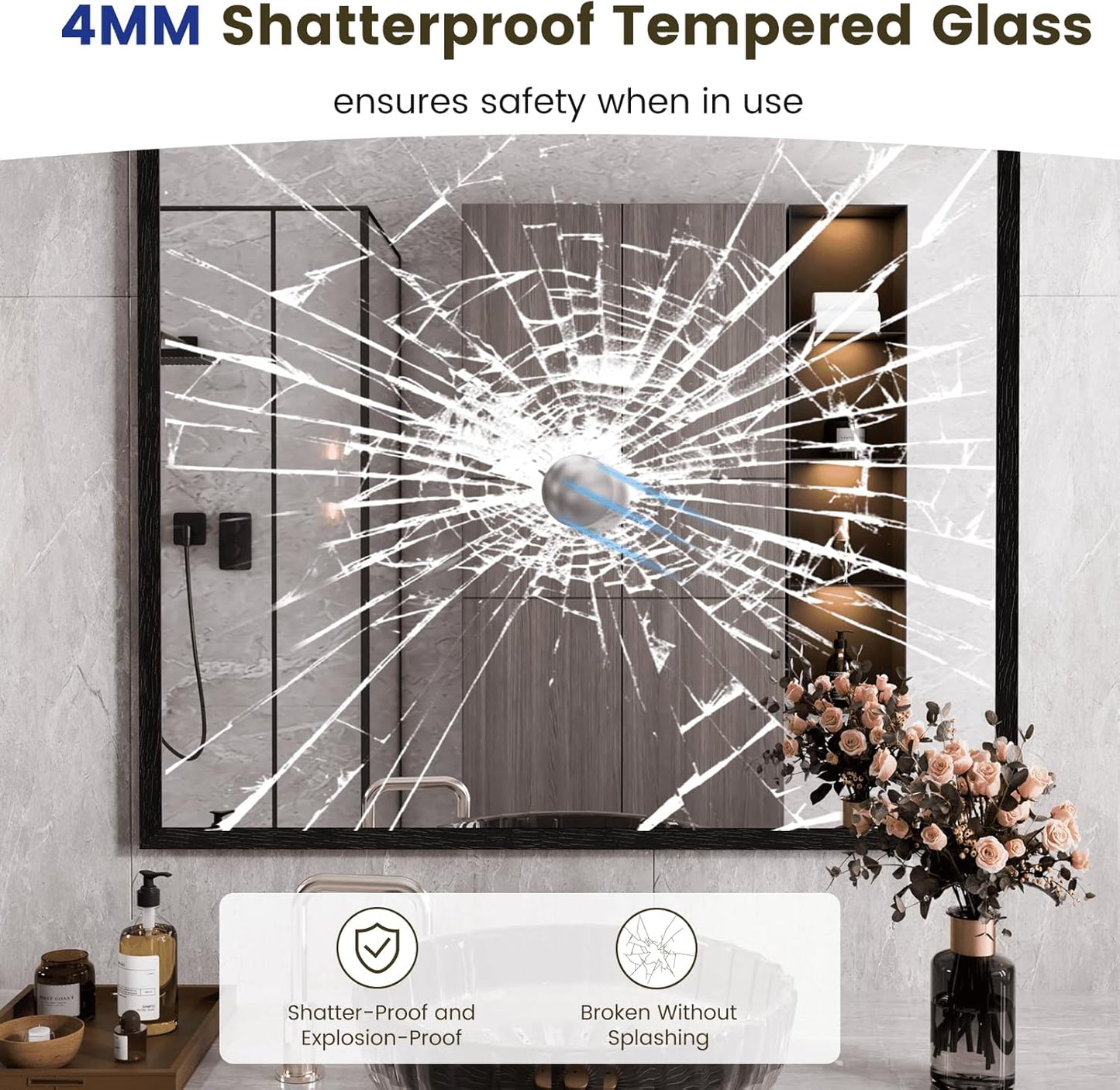 WEER Black Framed Mirror, 40X36 Inch Matte Black Wall Mirror for Bathroom, Rectangular Black Bathroom Vanity Mirror, Tempered Glass, Anti-Rust, Hangs Horizontal or Vertical