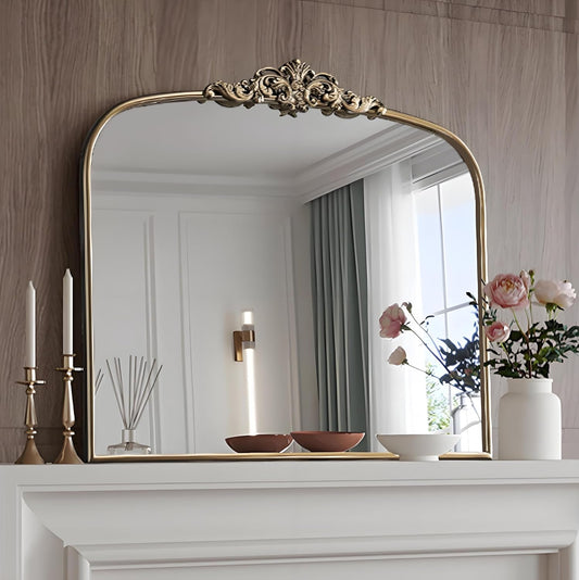 Vintage Gold Ornate Baroque Mirror, 30” x 36” Arched Antique Brass Mirrors for Fireplace Mantel, Arch Bathroom Vanity Mirror for Wall with Metal Frame for Entryway Bedroom Living Room