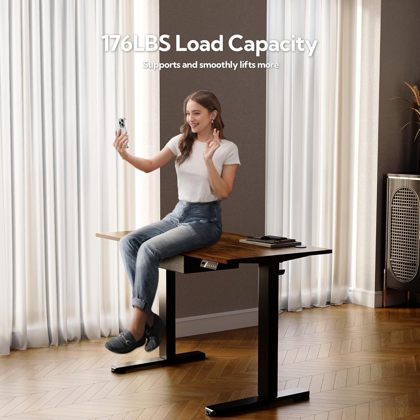 Seang Standing Desk with Drawer, 55" x 24" Height Adjustable Stand Up Desk, 3 Memory Height Settings with Cable Grommets & Storage Hooks, Ideal for Home & Office, Rustic Brown