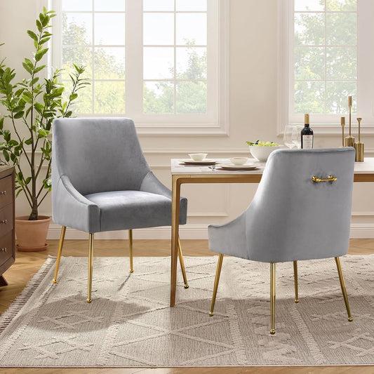 Velvet Dining Chairs Set of 2, Furniture Collection Modern Contemporary Upholstered with Polished Gold Metal Legs(Light Grey)