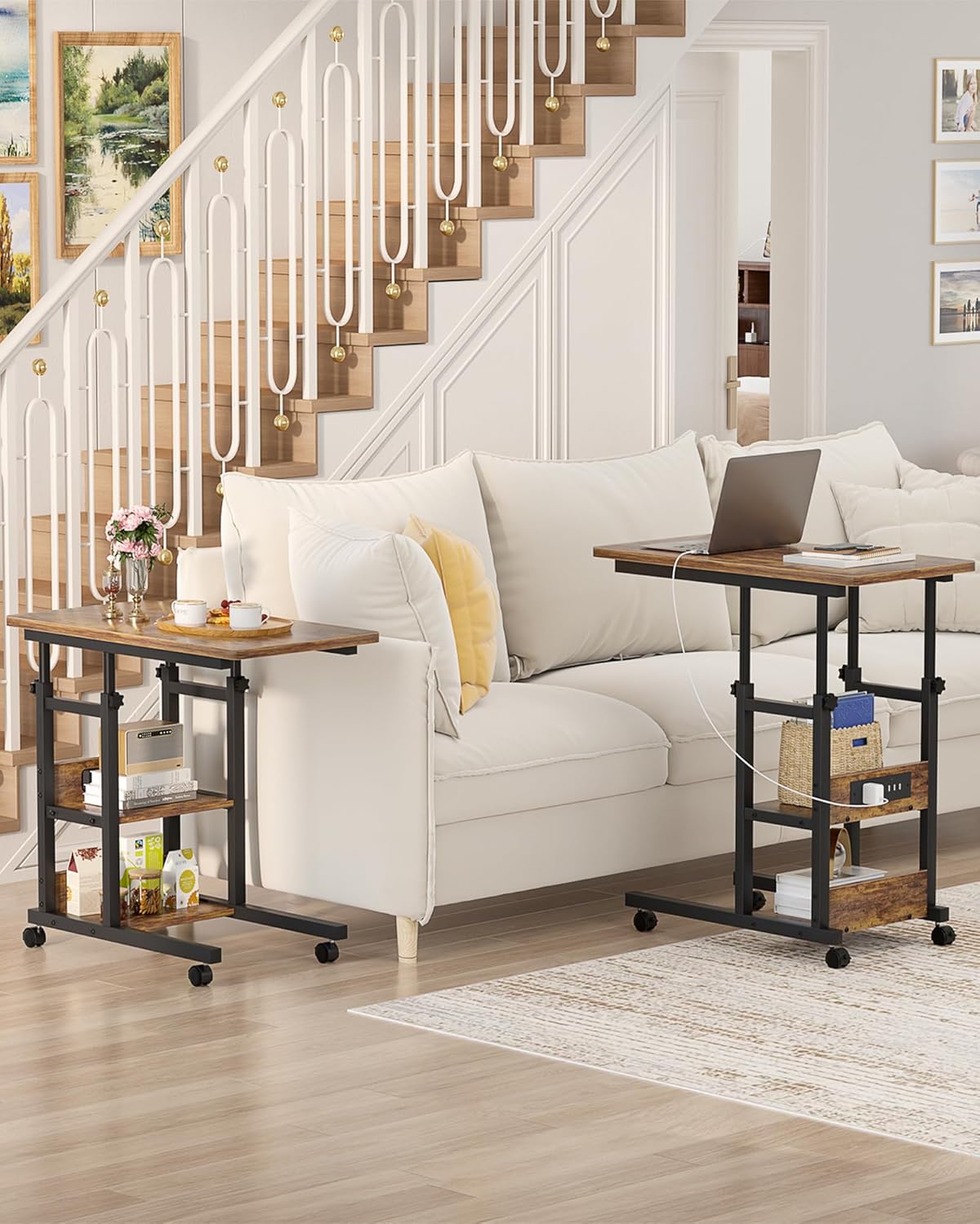 Height Adjustable End Table with Charging Station, Mobile C Shaped Laptop Side Table with Wheels, 3-Tier Sofa Couch Table with Storage Shelve for Living Room Bedroom, Rustic Brown