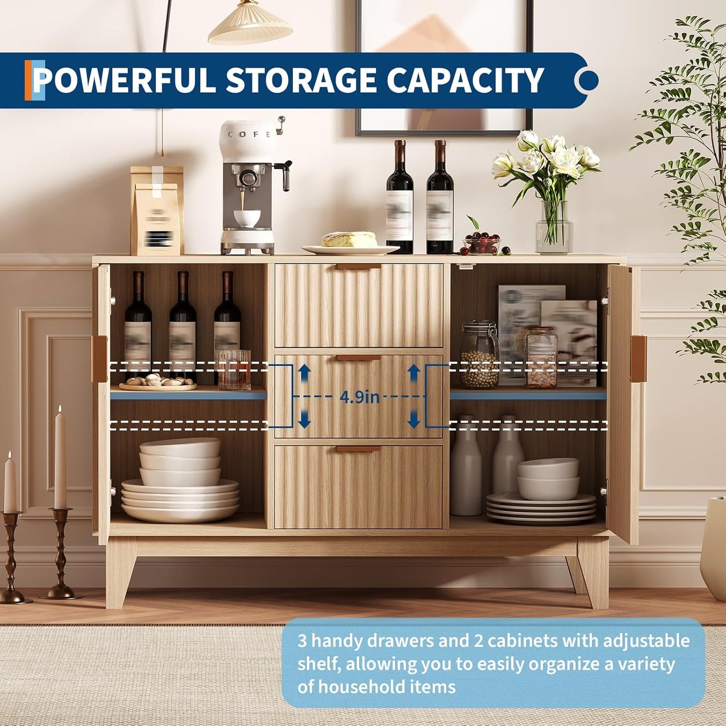 Garvee 47.2" Fluted Buffet Cabinets with Storage, Sideboard Storage Cabinet with 3 Drawers and 2 Doors, Modern Mid Century TV Stand Coffee Bar Furniture for Living Room, Kitchen, Entryway- Oak