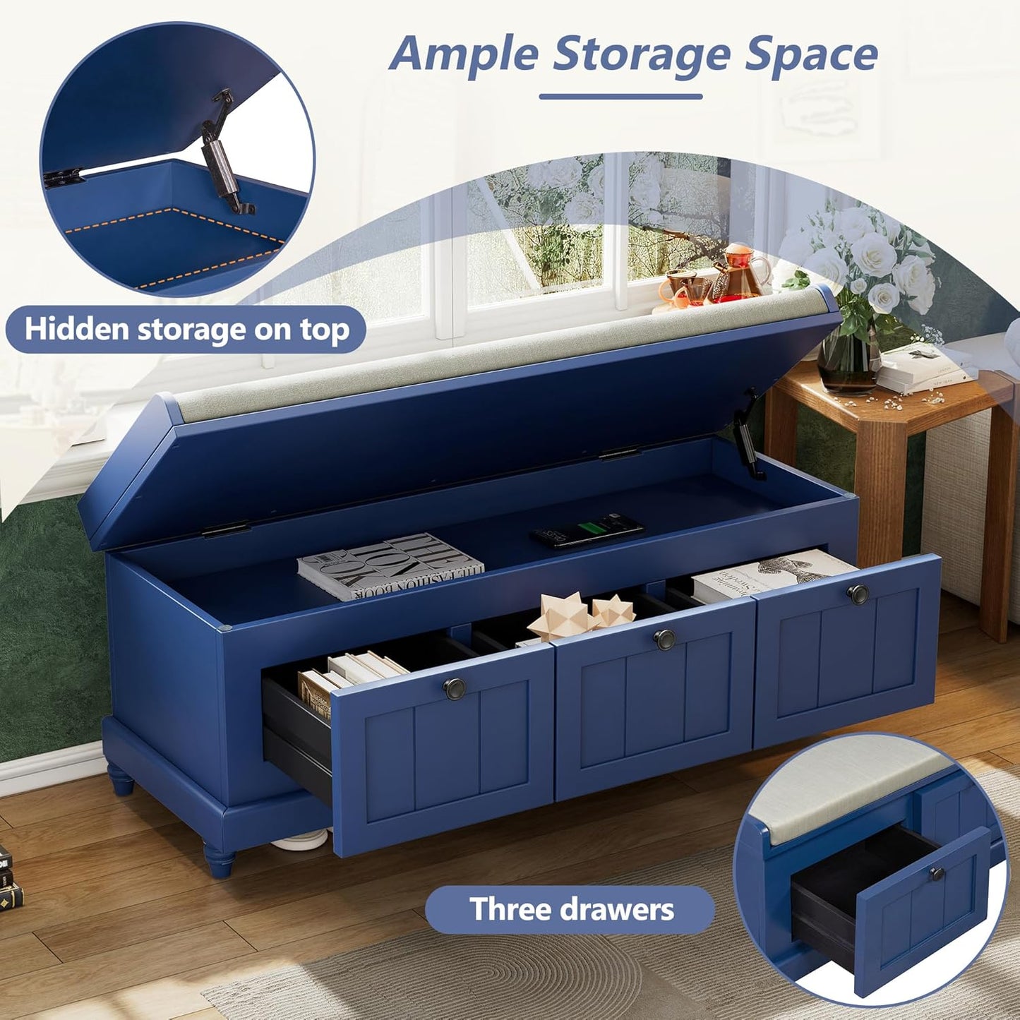 Merax Classic Storage Bench with Cushioned Seat and Three Drawers for Entryway & Living Room & Bedroom, Navy Blue