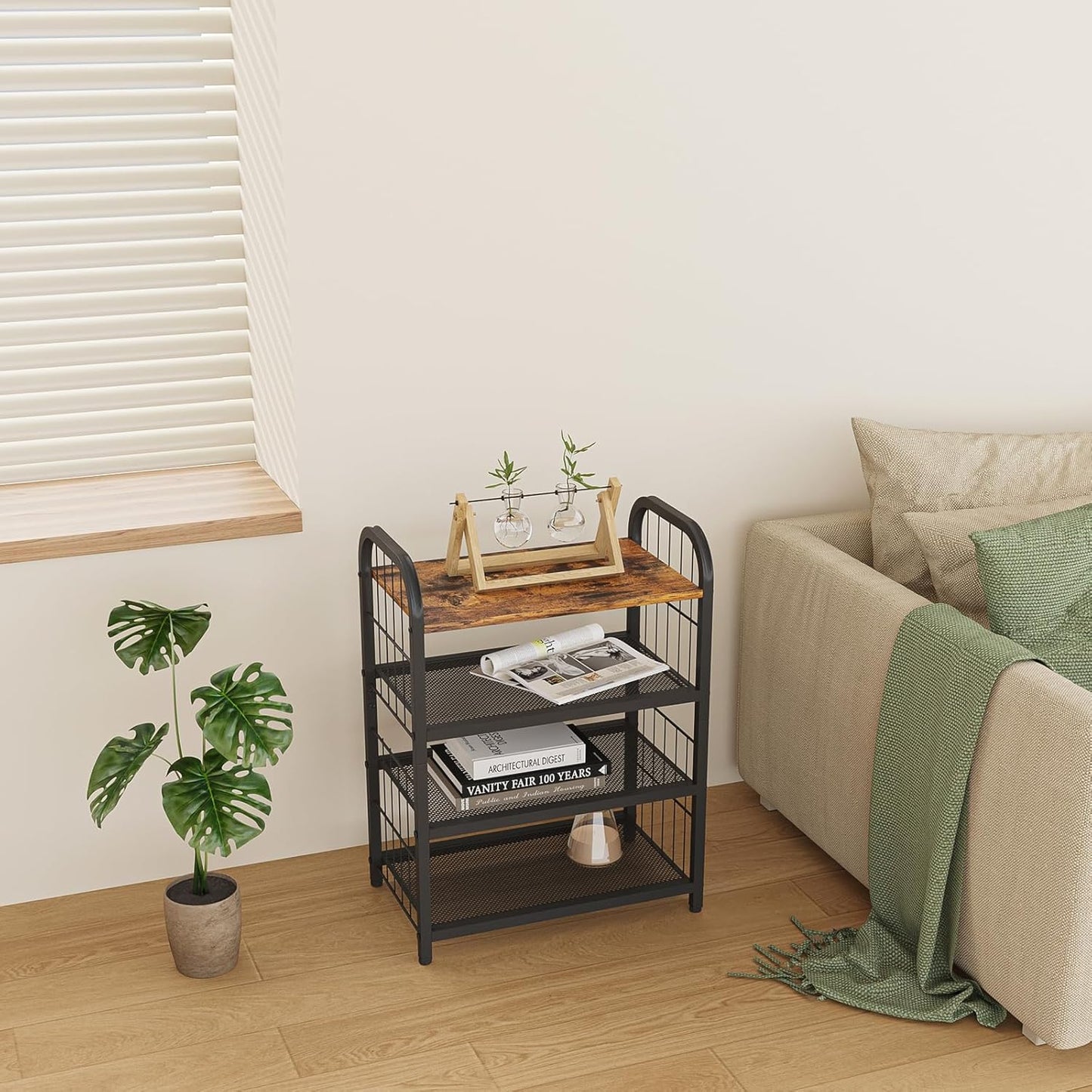 Shoe Rack, 4-Tier Shoe Organizer with Guardrails, Heavy-Duty Metal Mesh Shelves & Rustic Wooden Top for Stylish Closet & Front Door Storage