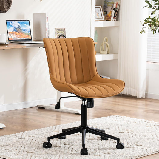 YOUNIKE Ergonomic Home Office Desk Chair with Wheels Comfy Armless Criss Cross Chair with Back Adjustable Height Modern Leather Upholstered Swivel Vanity Chair Small Cute Rolling Task Chair Tan