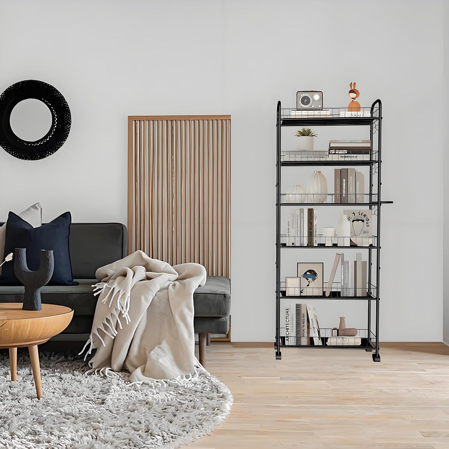 Slim Rolling Cart,6-Tier Storage Cart with Handle, 6in Mobile Shelving Unit with Wheels, Metal Wire Storage Rack with Baskets for Kitchen Bathroom Office Laundry Narrow Piaces