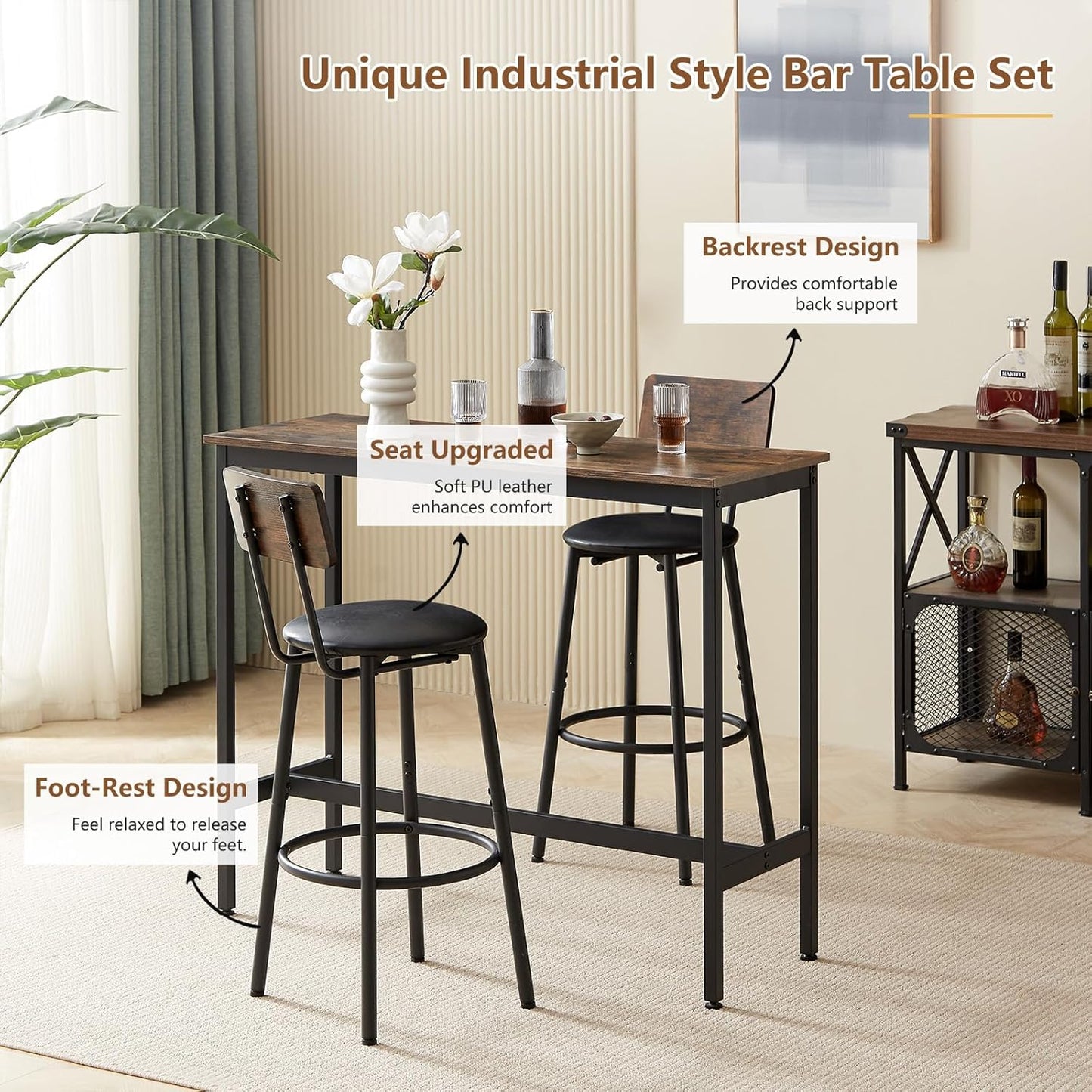 Tatub Bar Table with Stools Set of 2, Industrial 3 Piece Counter Height Small Dining Sofa Table and Chairs Set of 2, Brown