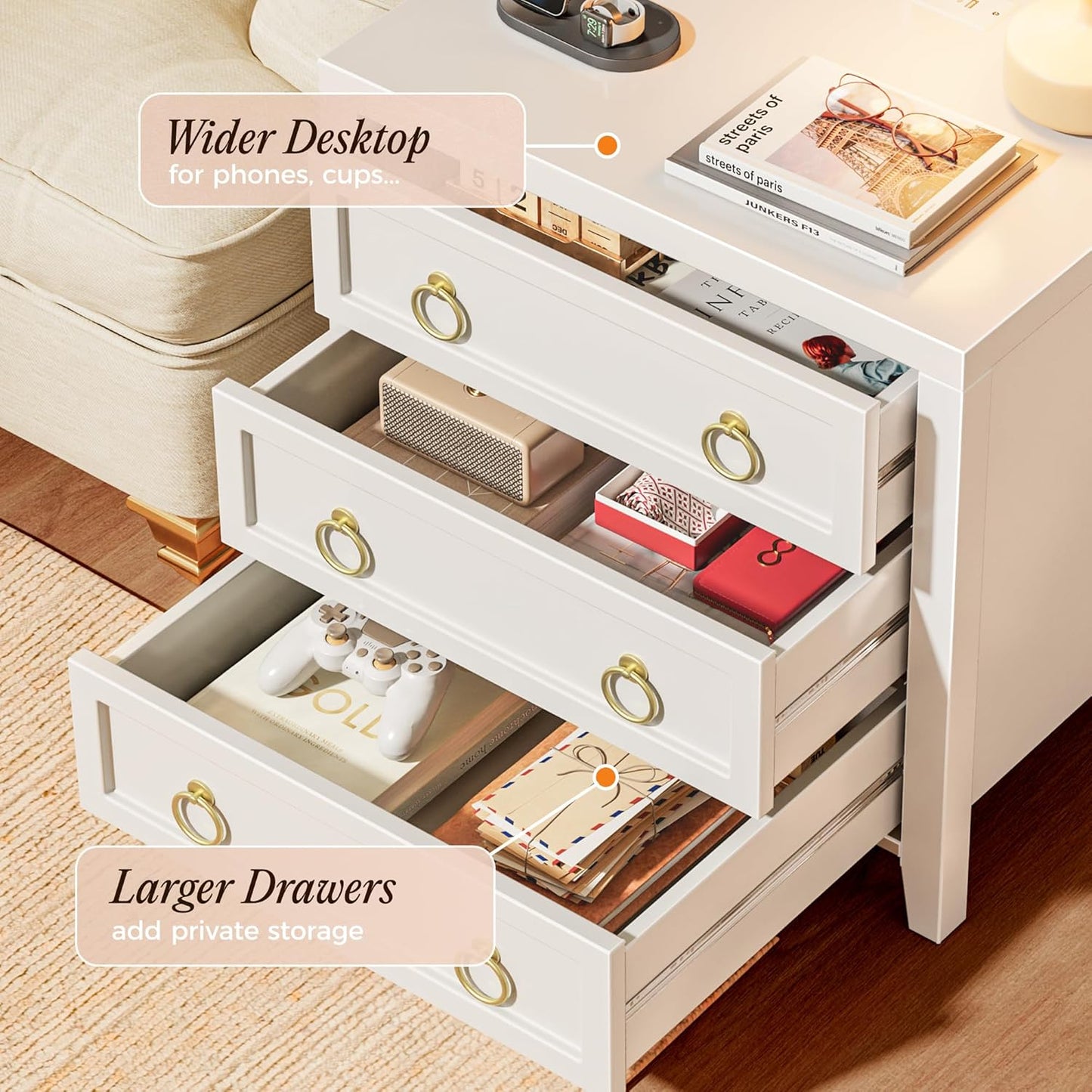 Huuger Paint Night Stand with Charger Station and USB-C Port, 3 Drawer Nightstands Set of 2, Larger Wider Bedside Table, Modern End Table, for Bedroom, White Nightstand