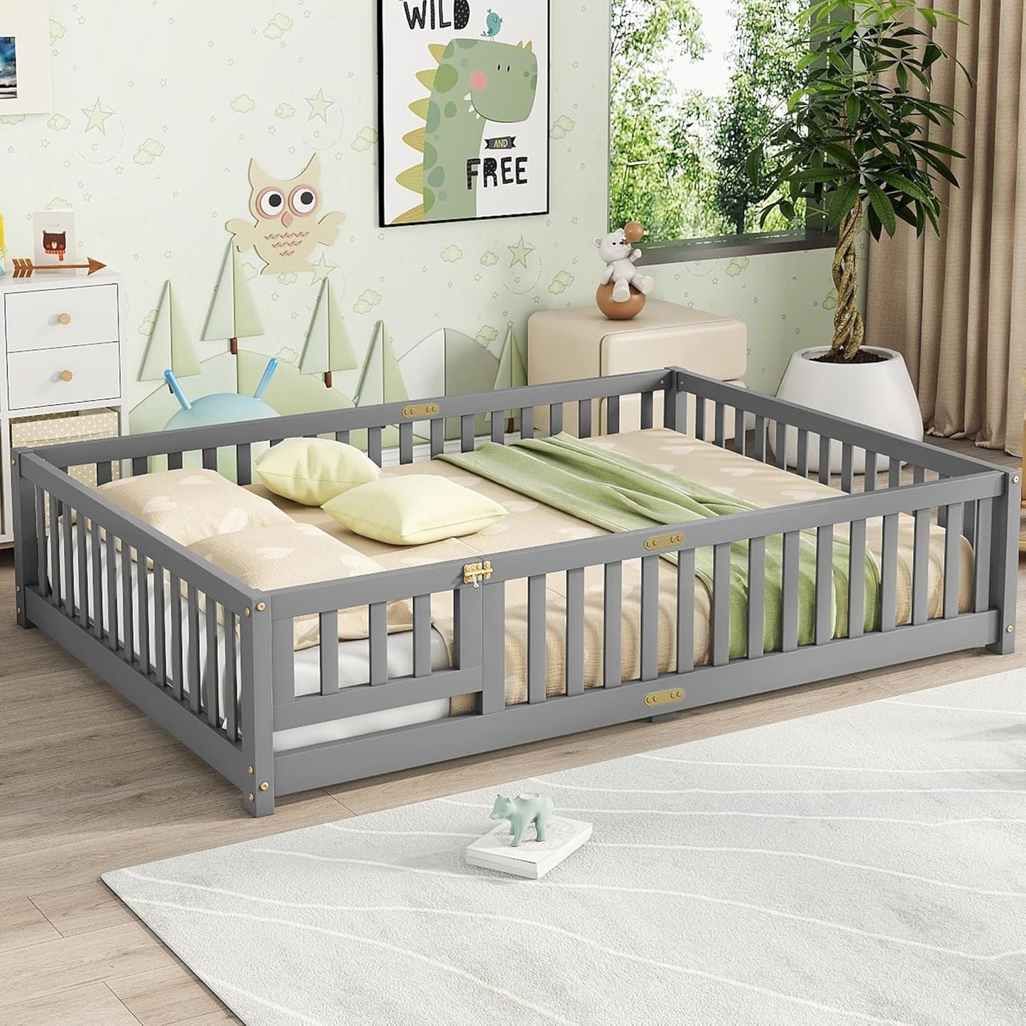 Bellemave Full Floor Bed with Slats and Safety Guardrails, Kids Montessori Floor Beds with Fence and Door, Easy Assemble Floor Bed for Kids, Girls, Boys, Gray