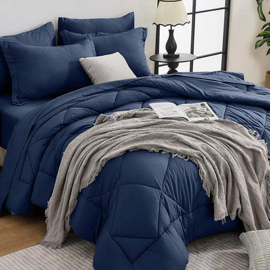 HEVUMYI Navy Blue Full Comforter Set - 7-Piece All Season Bed in a Bag Full, Ultra Soft Bedding Set with Comforter, Flat Sheet, Fitted Sheet, Pillowcases, Pillow Shams, Navy Blue