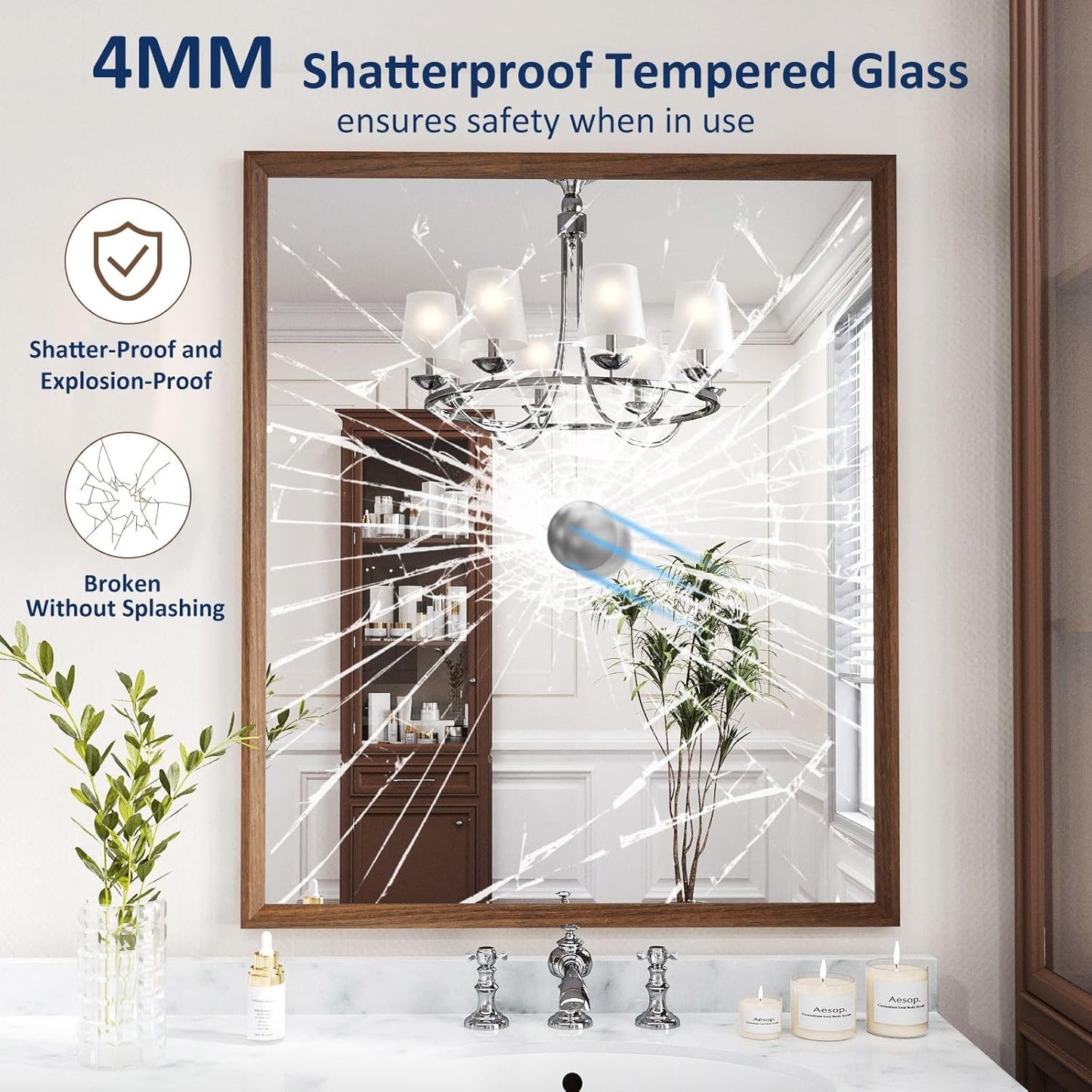 WEER Walnut Framed Mirror for Bathroom, 36x30 Inch Wall Mounted Mirror, Wood Grain Framed Vanity Mirror, Farmhouse Bathroom Mirror, Tempered Glass, Vertically or Horizontally, Anti-Rust